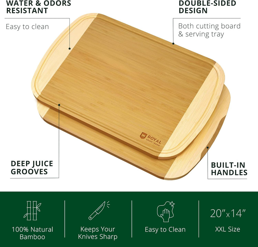 ROYAL CRAFT WOOD Bamboo Cutting Boards for Kitchen, Wood Chopping Boards with Juice Groove, Wooden Cutting Board for Vegetables, Fruit and Cheese, Charcuterie Serving Tray (XX-Large)