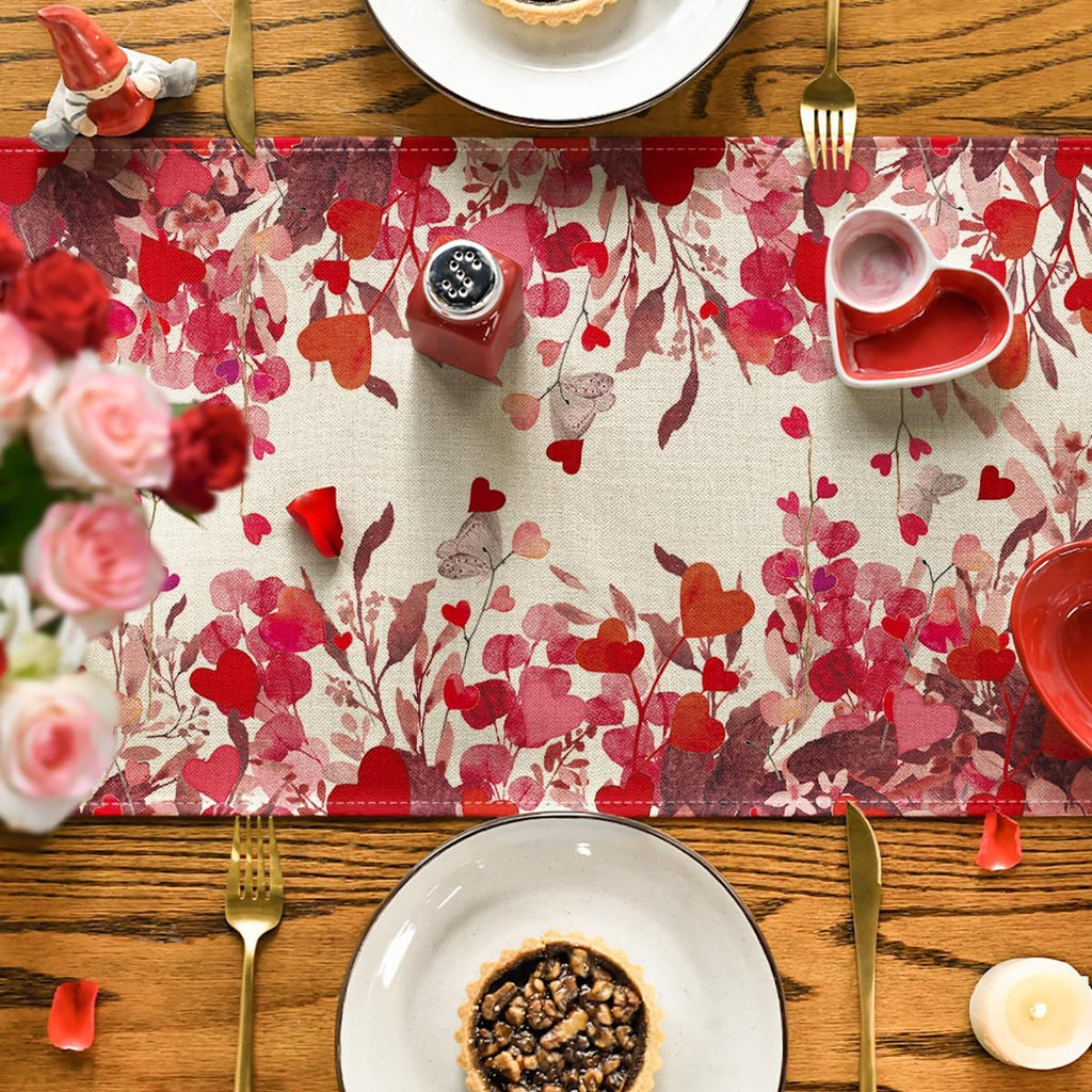 Artoid Mode Floral Red Love Heart Petals Table Runner, Wedding Kitchen Dining Table Decoration for Home Party Decor 13x72 Inch