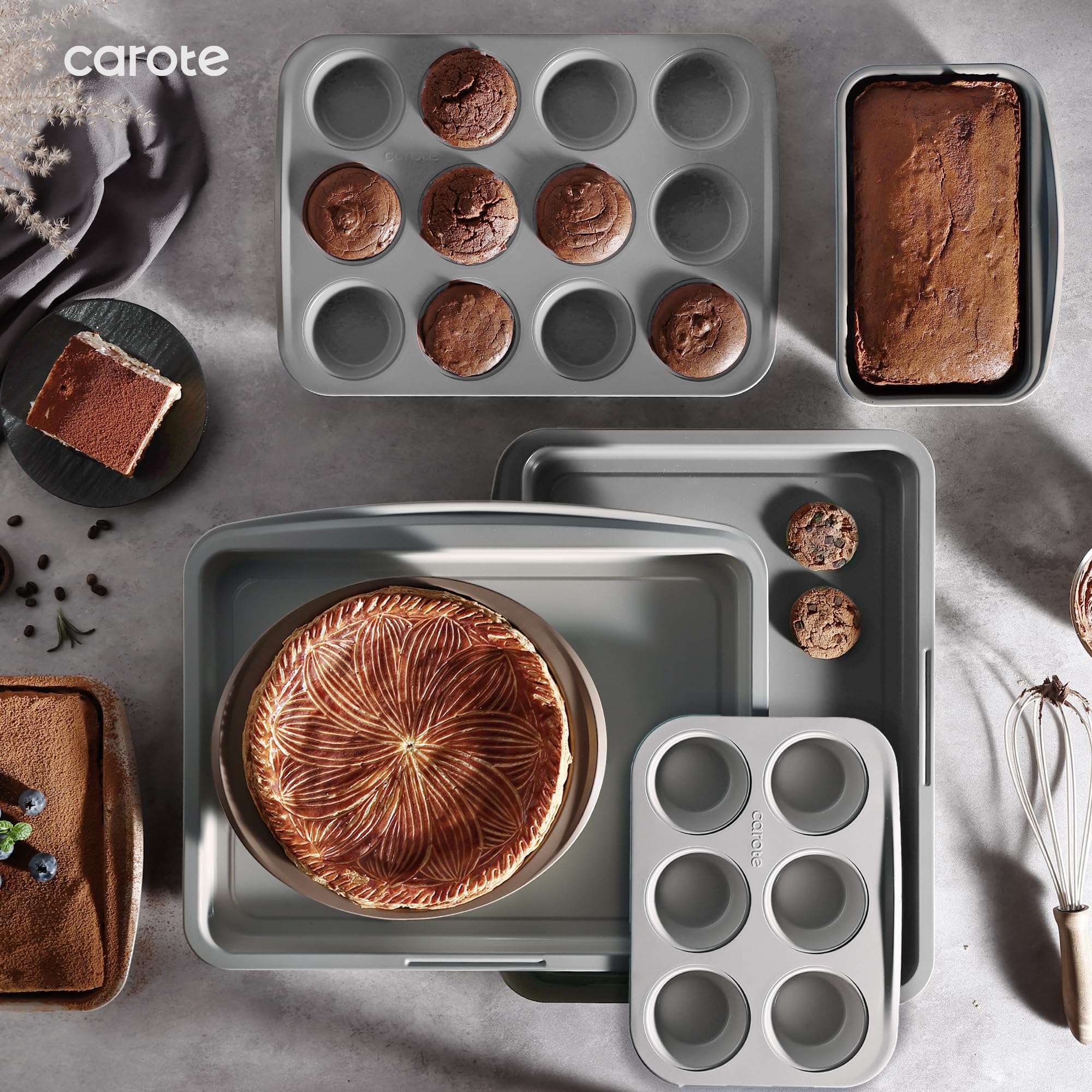 CAROTE 7-Piece Nonstick Stackable Baking Pans Set - Bakeware Sets Including Cookie Sheets for Baking, Muffin Pan, Bread Pan, Cake pan, Loaf Pan, Roasting Pan, Gray & Khaki
