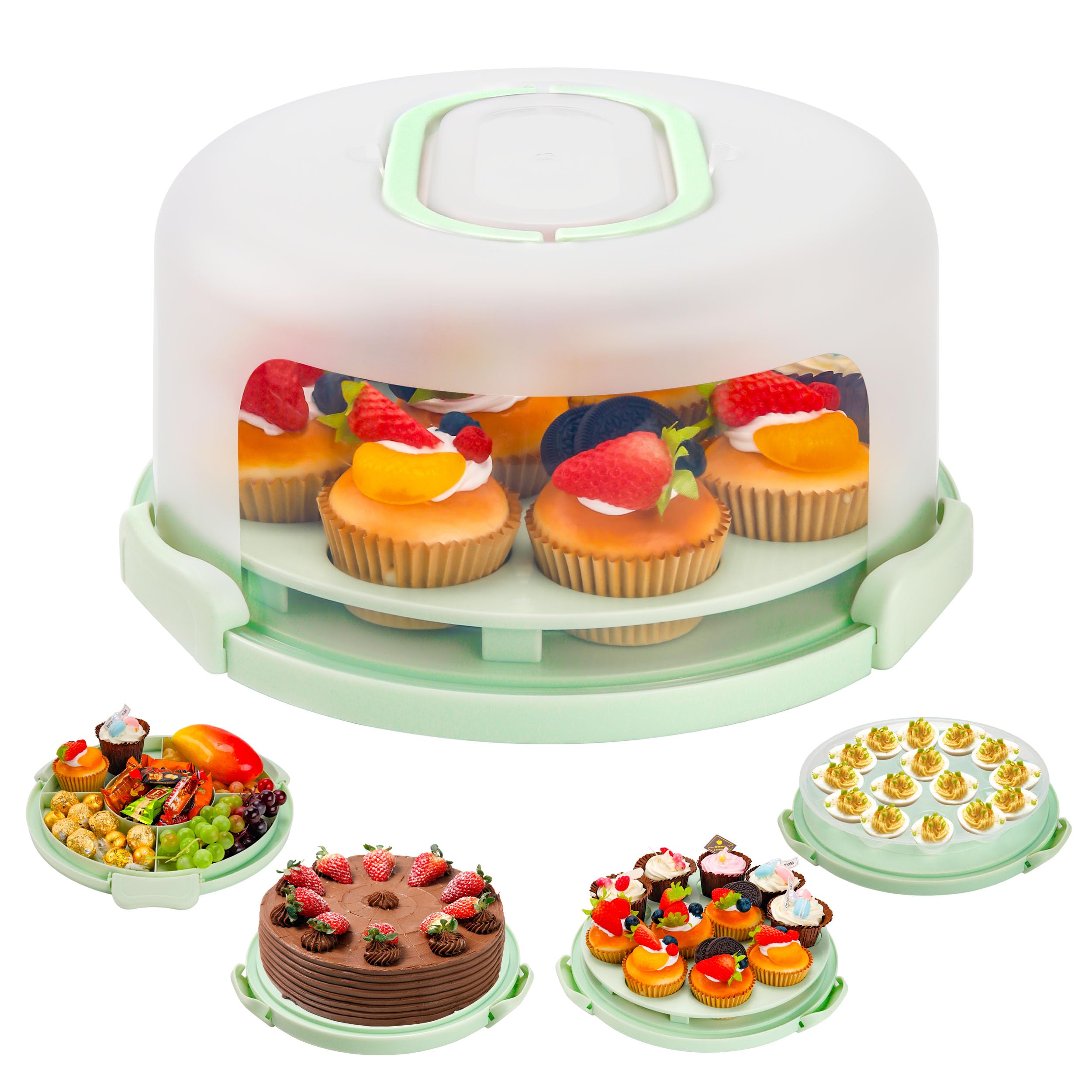 Green Cake Containers with Lids Round Plastic Cupcake Holders 4-in-1 Multipurpose Cake Carrier Holder for 11 Inch Cake Pies Cupcake Eggs Fruit or Snack Transport