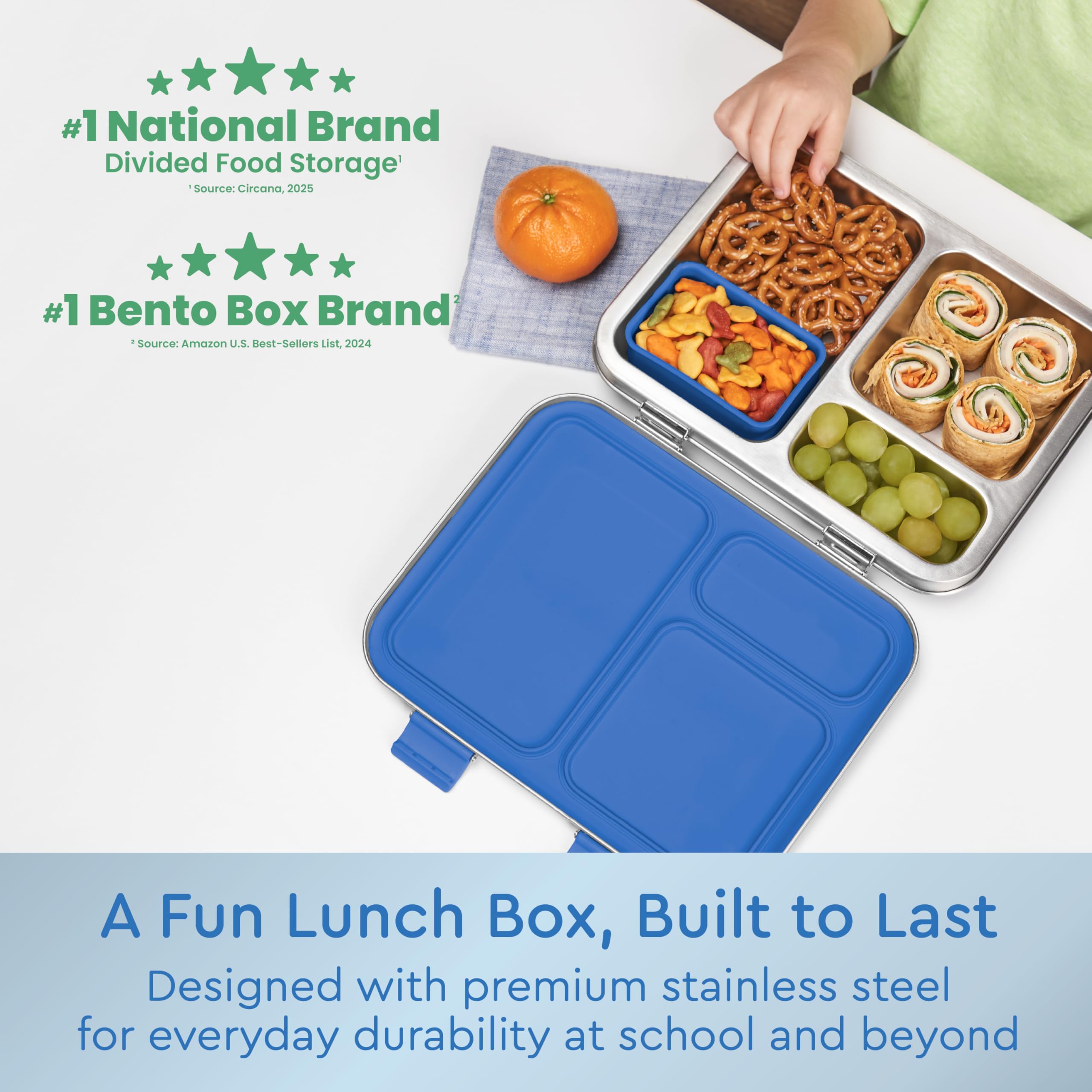 Bentgo Kids Stainless Steel Leak-Resistant Lunch Box - 3-Compartments with Bonus Silicone Container, Durable, Eco-Friendly, Dishwasher Safe, BPA-Free, Ideal for School, Ages 3+ (Blue)