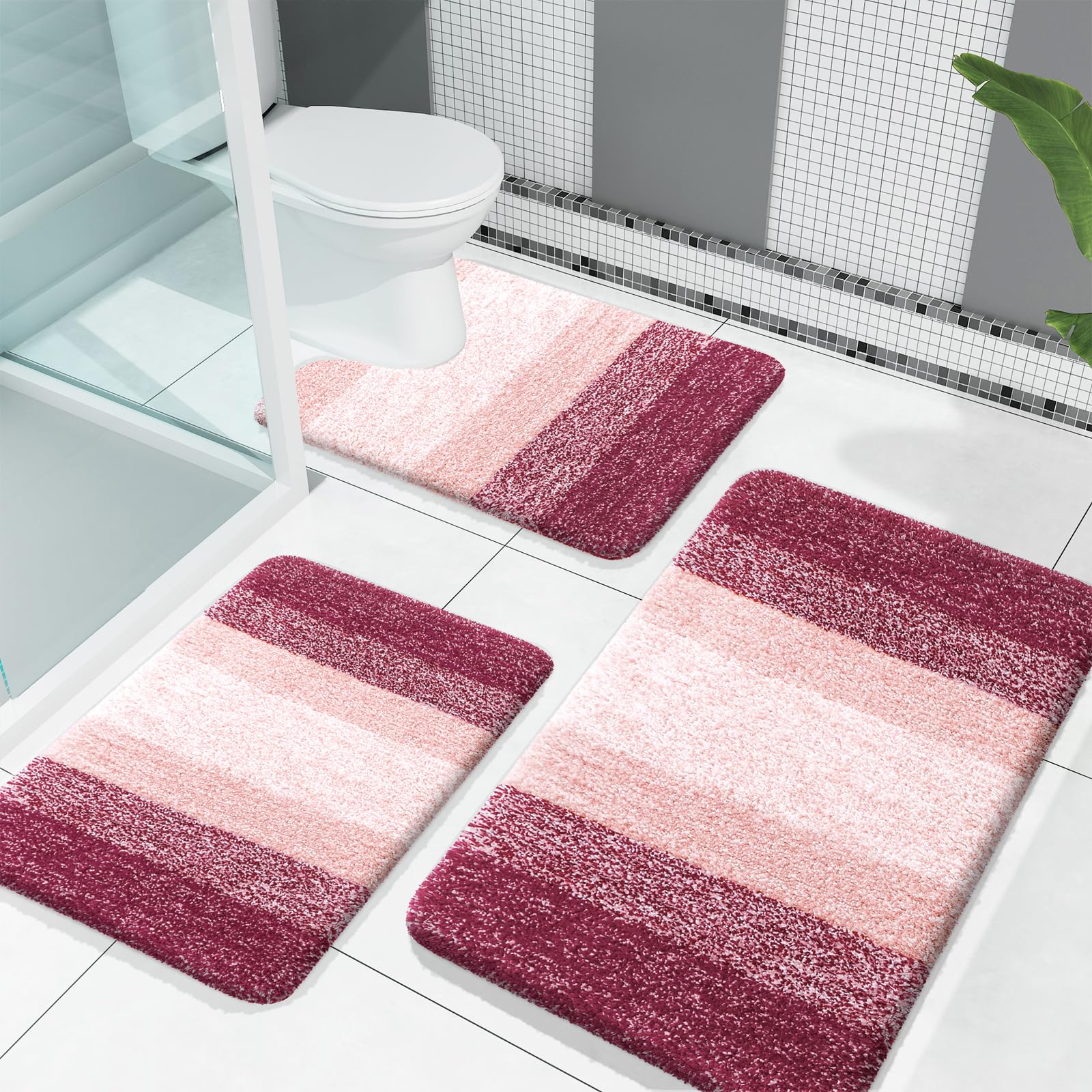OLANLY Bathroom Rugs Sets 3 Piece, Soft Absorbent Microfiber Bath Mats and U-Shaped Contour Toilet Rug, Machine Wash Dry, Plush Shaggy Bath Mat Set for Bathroom (30"x20"+24"x16"+24"x20", Grey)