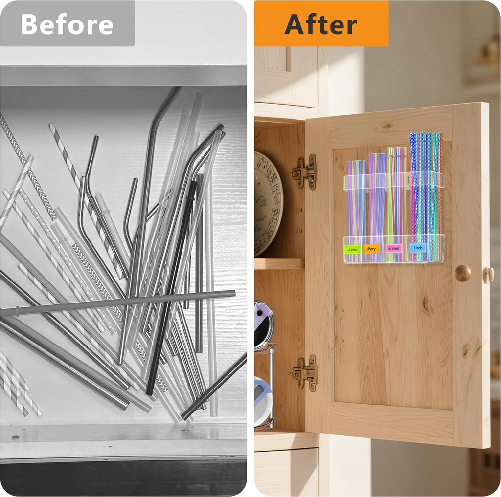 2 PACK Acrylic Straw Holder for Cabinet Door - Reusable Tumbler Straw Organizer Storage Dispenser with Ultra Sticky Adhesive Strips, Small Kitchen Accessories Container for Kitchen Cupboard Door