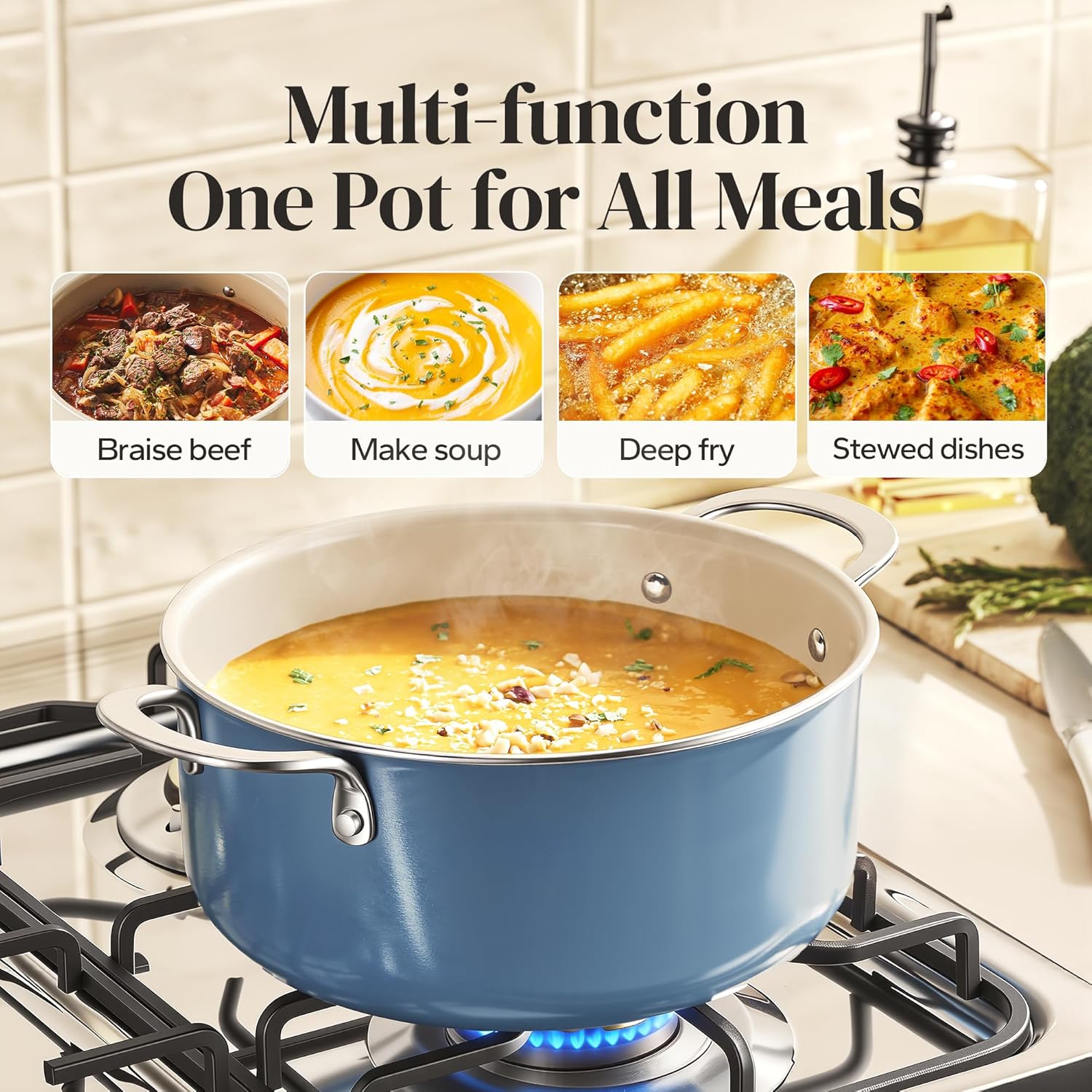 Redchef 5 QT Ceramic Stock Pot with Lid, 2.5QT Small Saucepan, Stay-Cool Handles, Compatible All Stovetops, PFAS PFOA & PTFE Free (Blue)