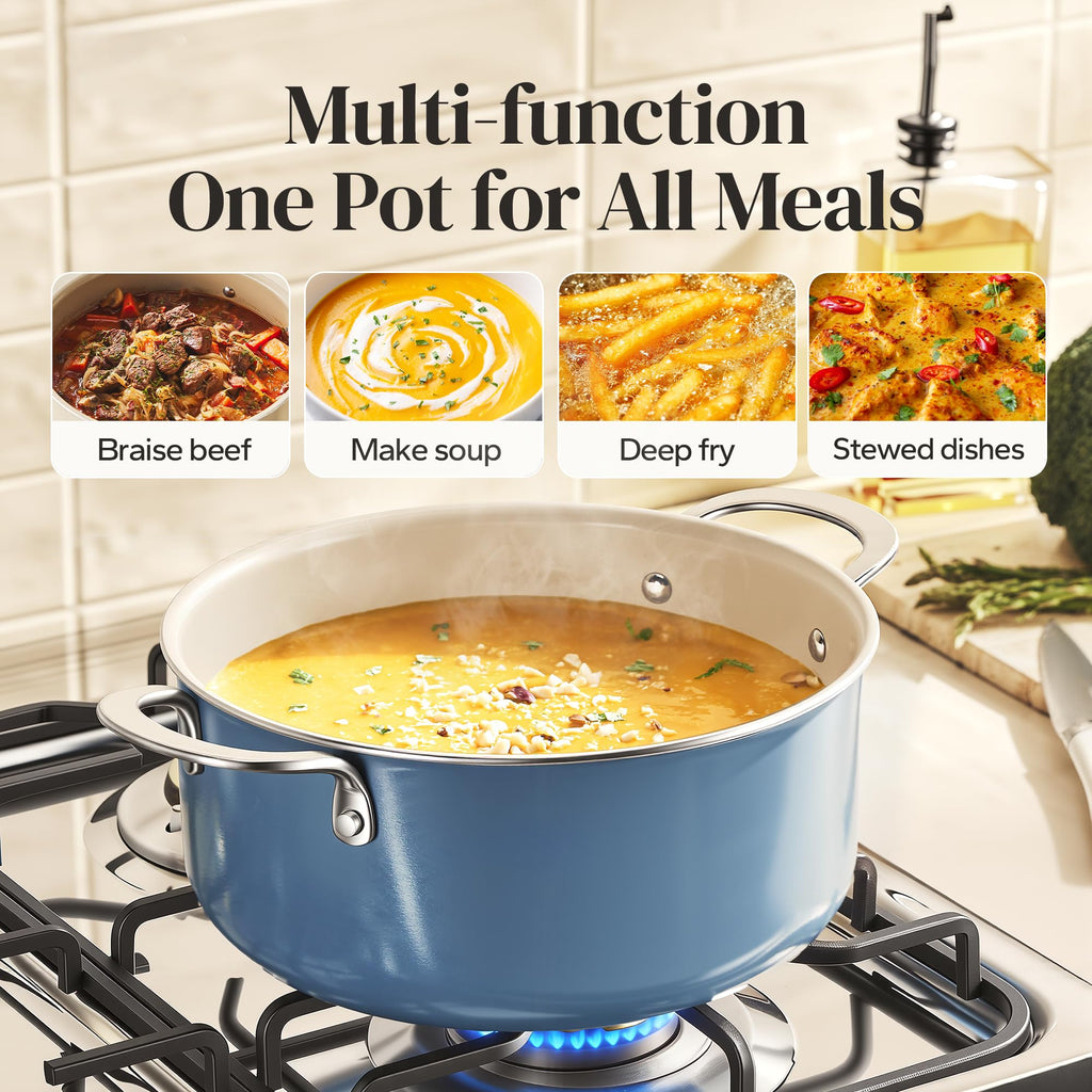 Redchef Ceramic Stock Pot with Lid, Soup Pot for All Stoves, 5 Qt Induction Cooking Pot for Soup Nonstick, Even Heating, Stay-Cool Handles, Oven/Dishwasher Safe, PTFE PFAS Free (Beige)
