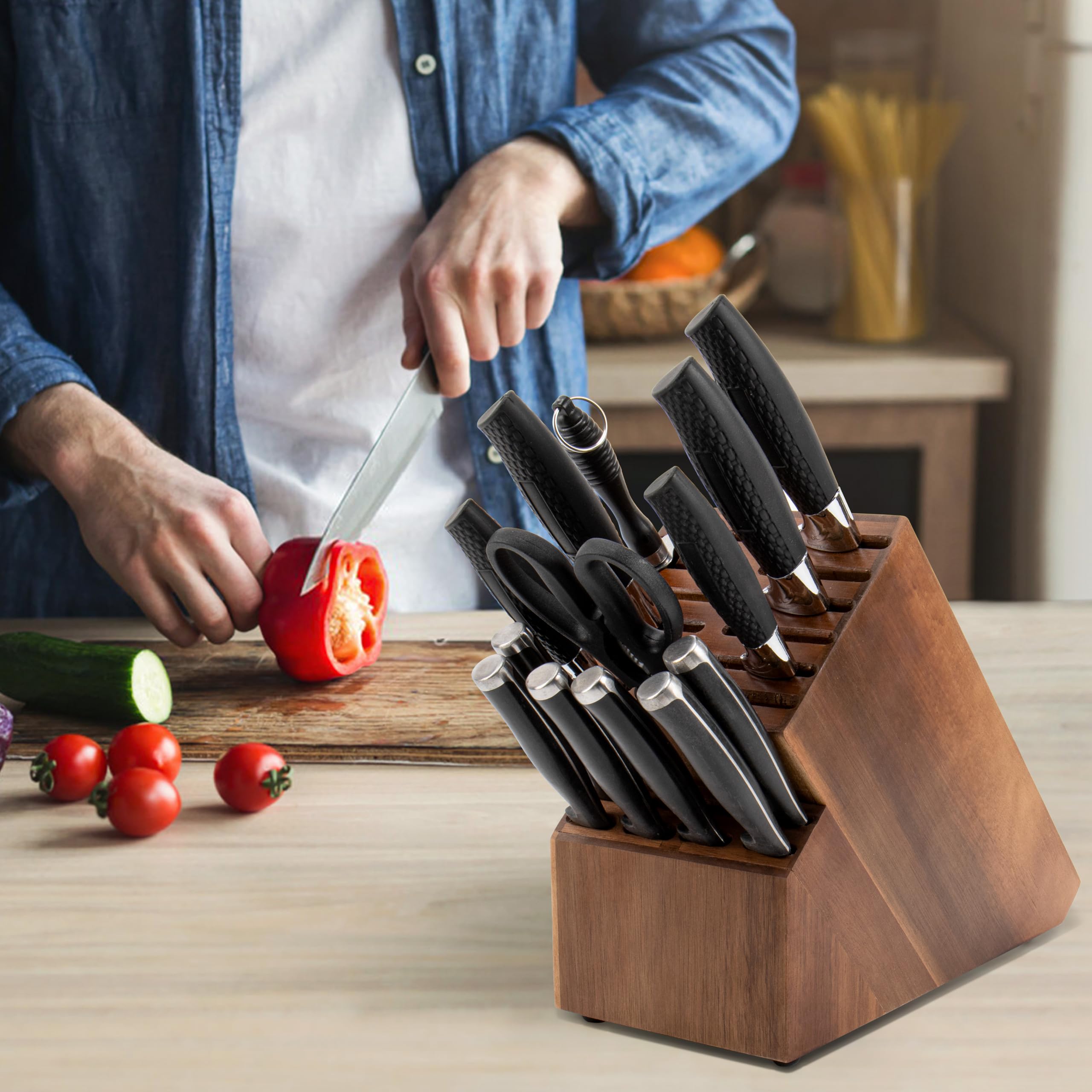 20 Slot Knife Block Storage without Knives,Acacia Wood Universal Knife Holder for Kitchen Countertop,Large Butcher Block Organizer,Easy Kitchen Knife Storage (Black)