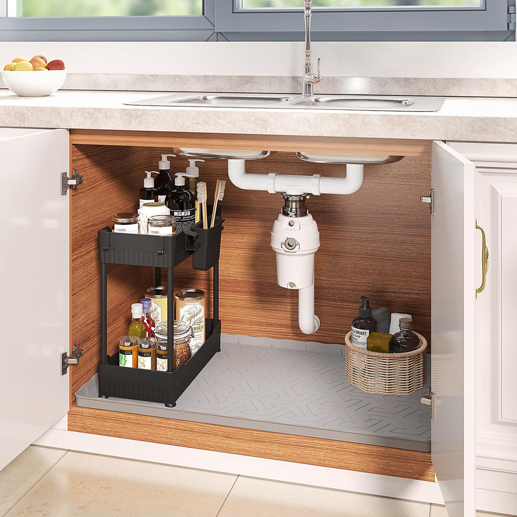 2025 Pro Sevenblue Waterproof Under Sink Mat, 22" x 19" Under Sink Liner and Protector for Bottom of Kitchen Sink, Bathroom Silicone Basin Undersink Mat Cabinet Shelf Drip Tray (Black, 22" L×19" W)