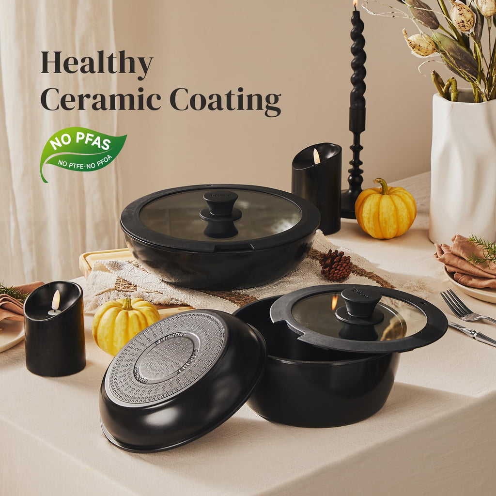 Redchef Ceramic Pots and Pans Set, Nonstick Kitchen Cookware Set with Detachable Handle, Non Toxic Cookware Set 16pcs, PFAS PFOA & PTFE Free, RV Ceramic Cookware for Camping, Dishwasher/Oven Safe