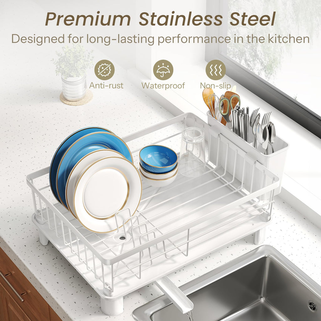 SNTD Dish Drying Rack - Small Dish Rack for Kitchen Counter, Stainless Steel Dish Drainer with Utensil Holder and Drainboard, 11" W x 15" L (Black)