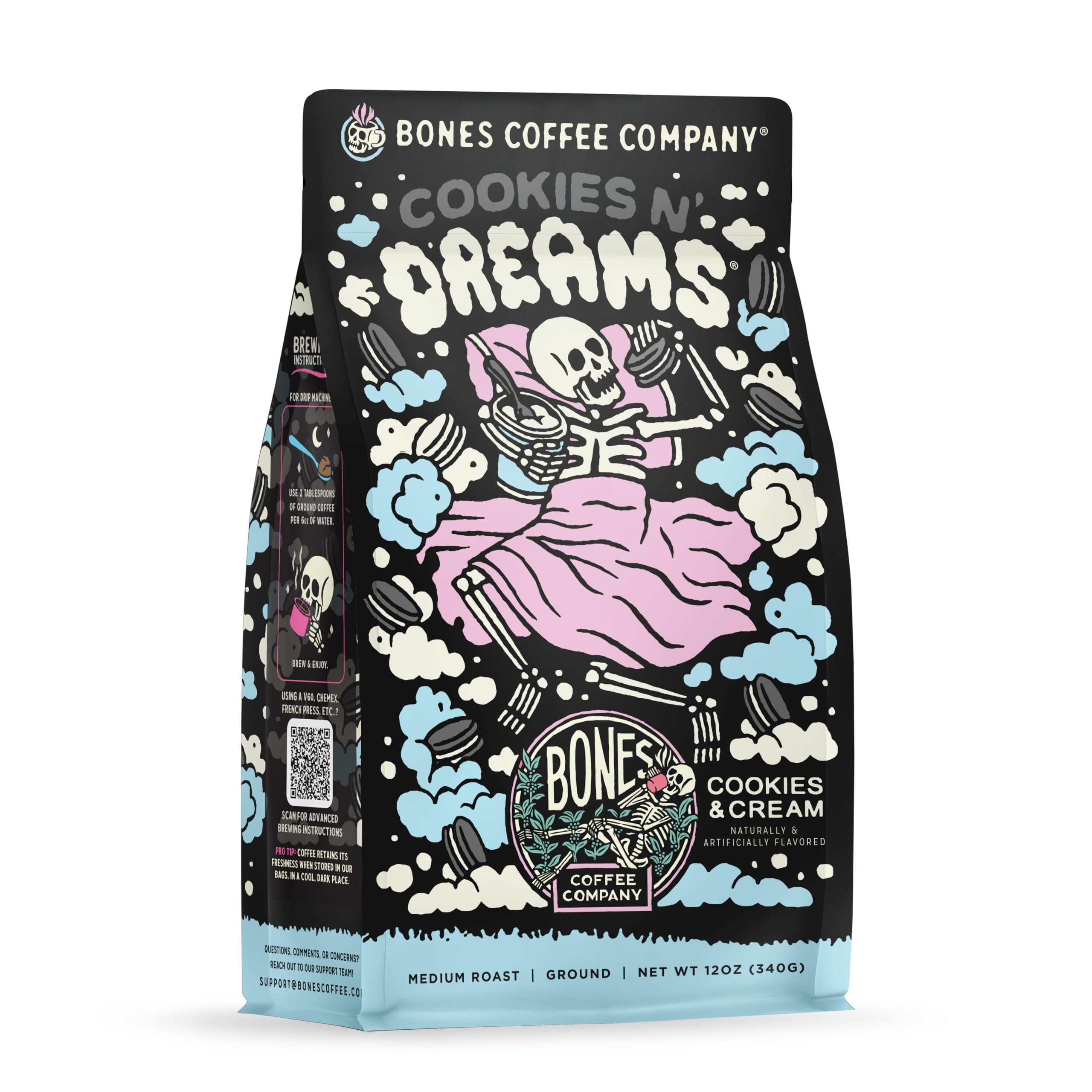 Bones Coffee Company Highland Grog, Butterscotch Caramel Flavored Coffee, Medium Roast Low Acid Arabica Beans Compatible with Auto drip and French Press Coffee Maker, 12 Oz Ground