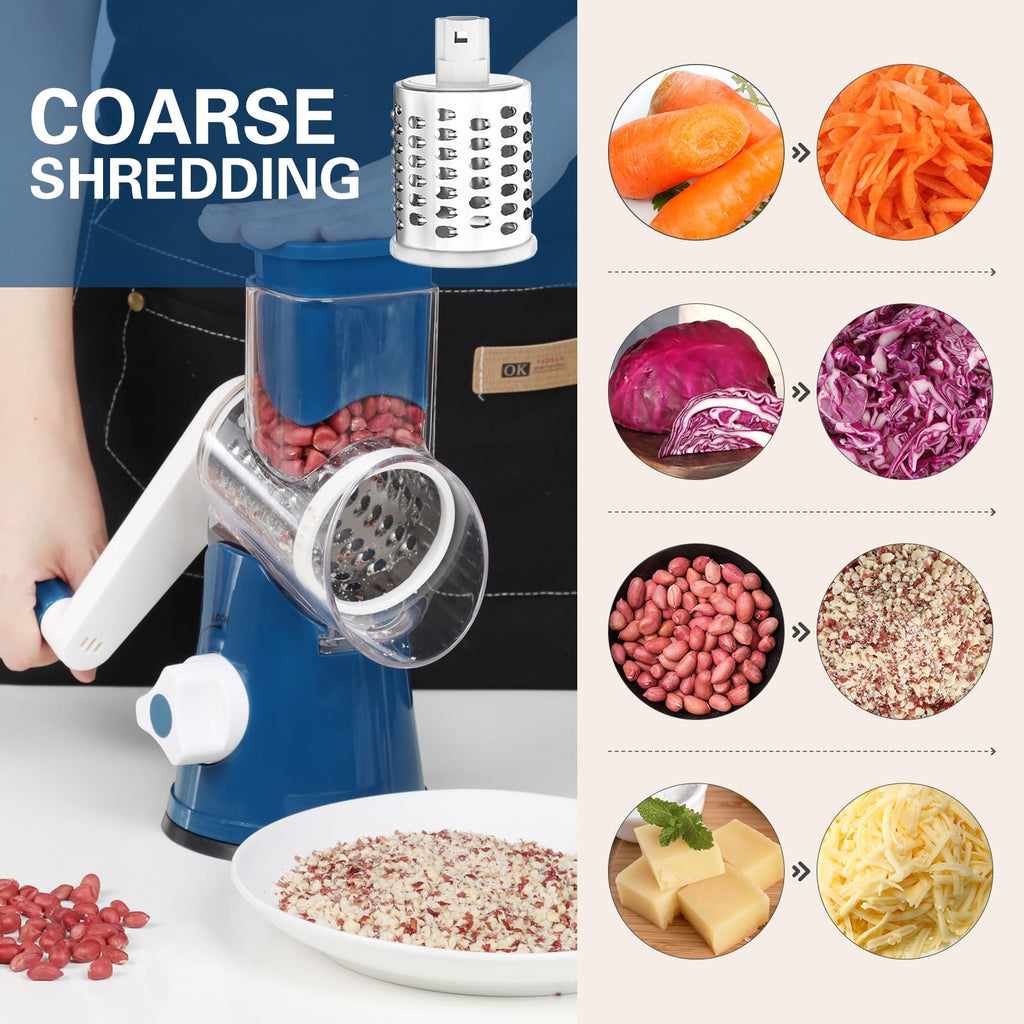 Cambom 5 in 1 Rotary Cheese Grater Hand Crank Cheese Shredder for Fresh Cheese, Vegetable, Nuts,Non-slip Suction Base, Black