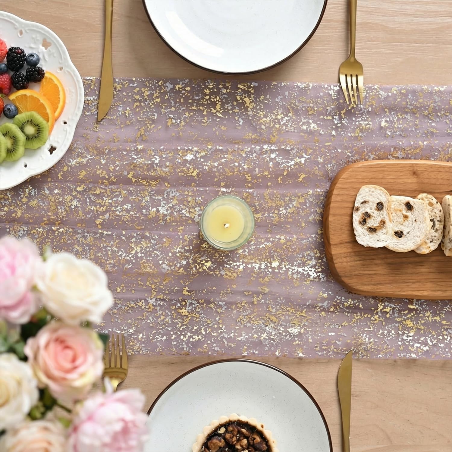 Artoid Mode Beige Gold Gauze Table Runner 120 Inch 10FT, Glitter Metallic Foil Sheer Dining Wedding Anniversary Holiday Birthday Table Decor for Home Party