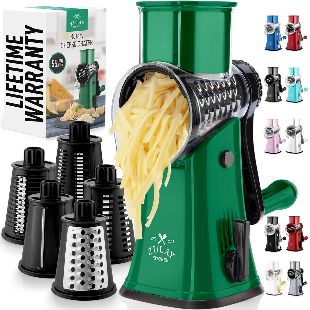 Zulay Kitchen Rotary Cheese Grater 5 Blade Cheese Shredder - Manual Hand Crank Cheese Grater With Reinforced Suction & 5 Interchangeable Drums - Easy to Use, Vegetable Chopper Round Mandoline Slicer