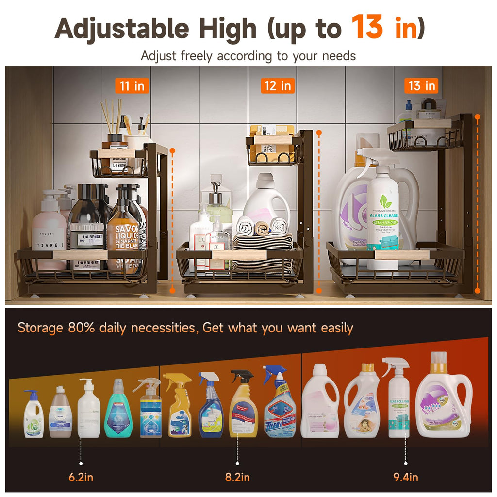 2 Packs Under Sink Organizer, Height Adjustable 2 Tier Under Kitchen sink organizer, Multi-Purpose Storage Shelf for Kitchen Bathroom Cabinet (Brown, Large)