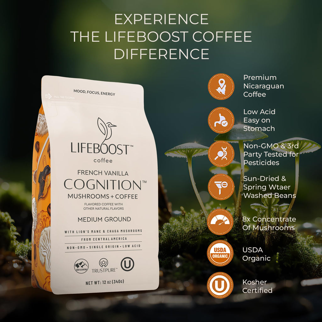 Lifeboost Cognition Adaptogenic Mushroom Coffee - Great Tasting Organic Lions Mane & Chaga Medium Roast Nootropic Coffee - Increase Energy, Boost Focus & Immune Support - 12 oz Bag - Ground