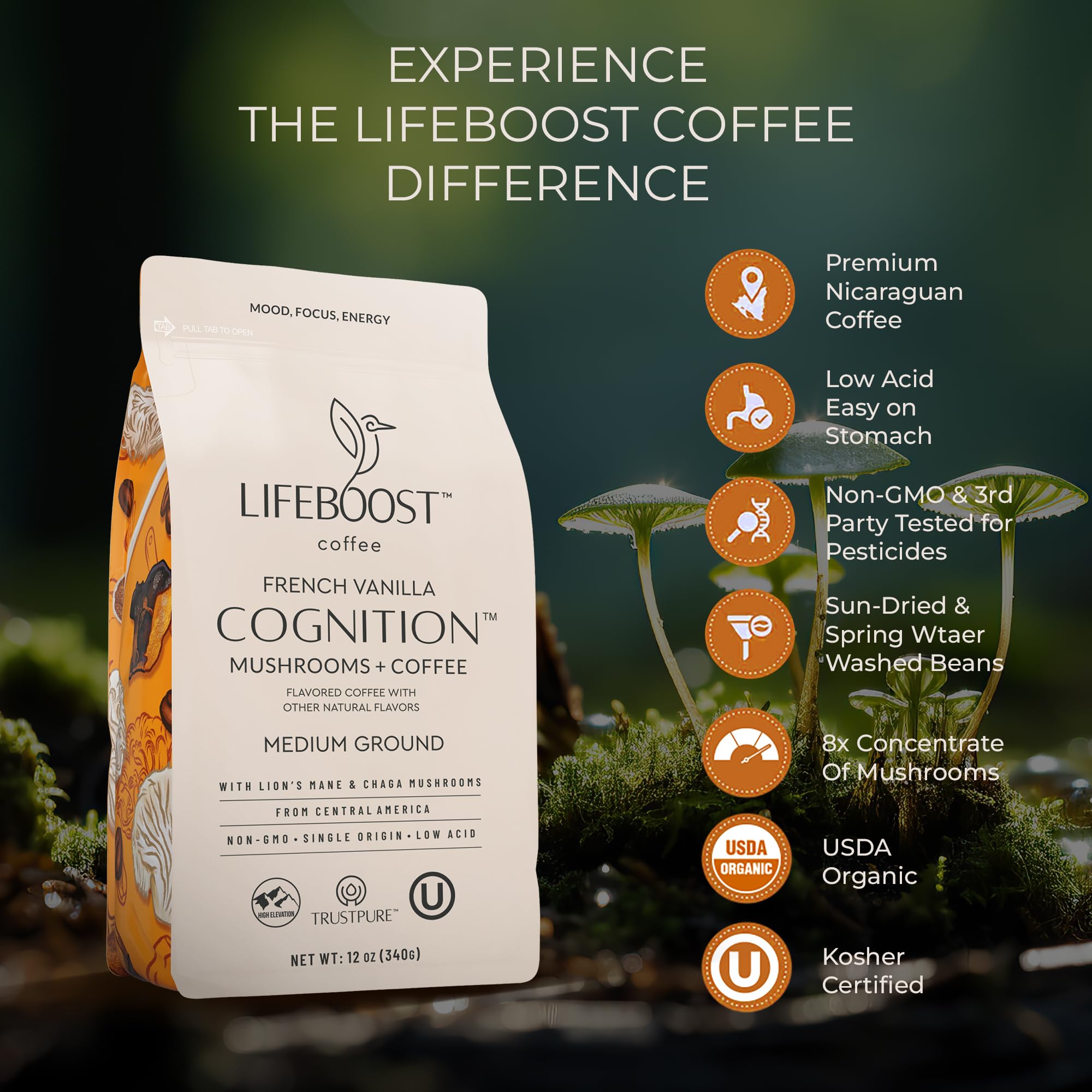 Lifeboost Cognition Adaptogenic Mushroom Coffee - Great Tasting Organic Lions Mane & Chaga Medium Roast Nootropic Coffee - Increase Energy, Boost Focus & Immune Support - 12 oz Bag - Ground