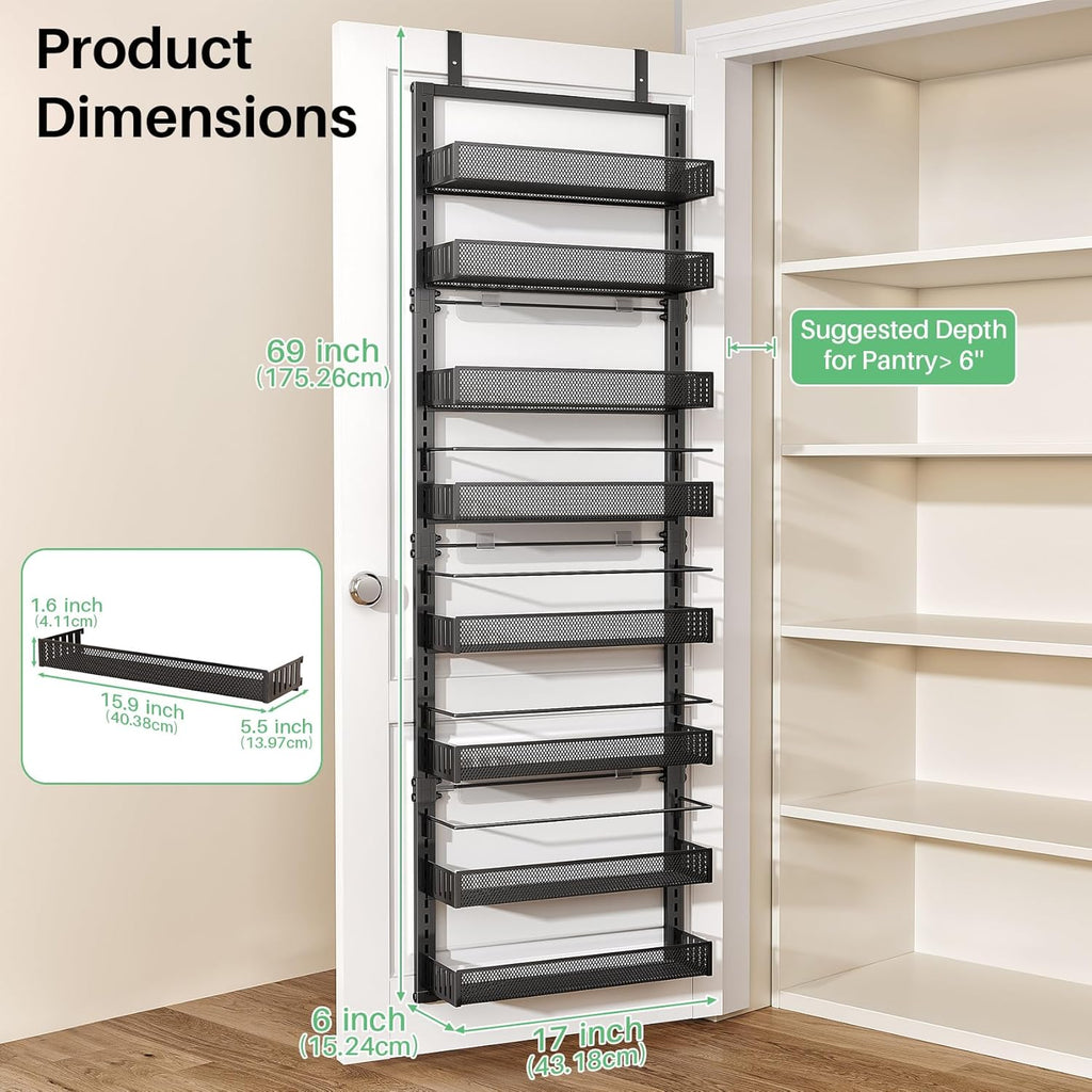 SNTD 8 Tiers Over the Door Organizer - Height Adjustable Pantry Organizers and Storage with Dense Mesh Baskets, Anti-Swing Hanging Door Spice Rack for Kitchen Bathroom (Black, 17" W x 6" D x 69" H)