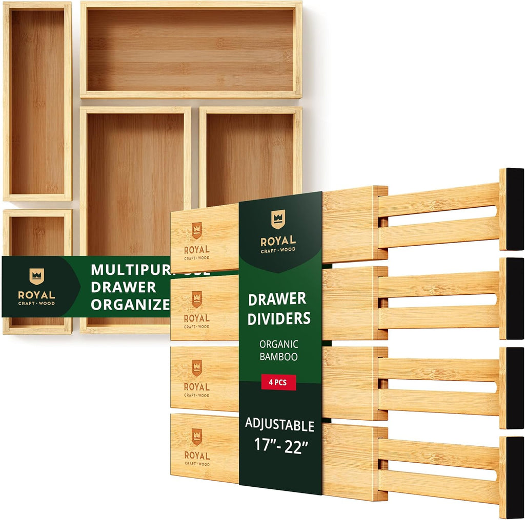 ROYAL CRAFT WOOD Adjustable Bamboo Drawer Dividers Organizers (17-22") - Multipurpose Storage Boxes 5 pcs