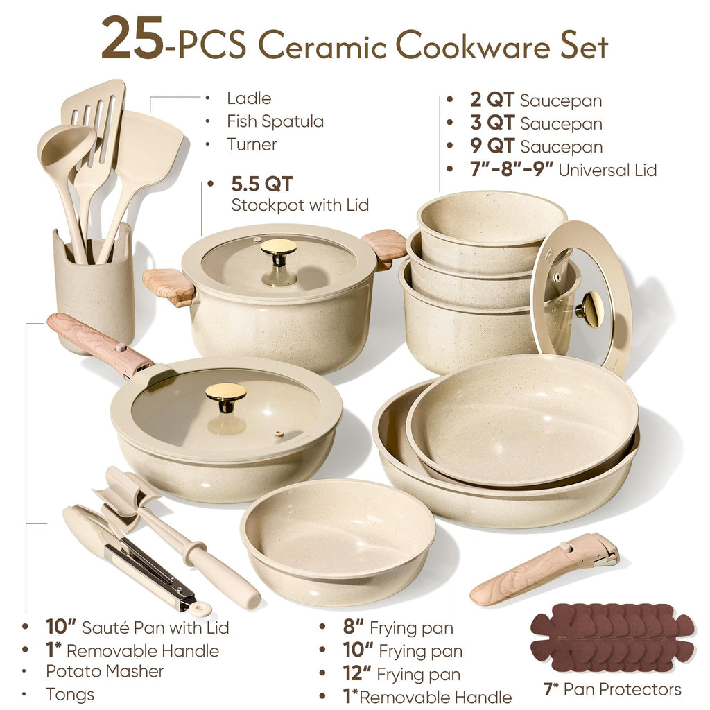 CAROTE 22PCS Pots and Pans set Non Stick, Ceramic Cookware Set, RV Kitchen Cooking Set Removable Handles, Oven Safe, Induction Coolware, Non-toxic Kitchen Cooking Set, PFAS and PFOA Free