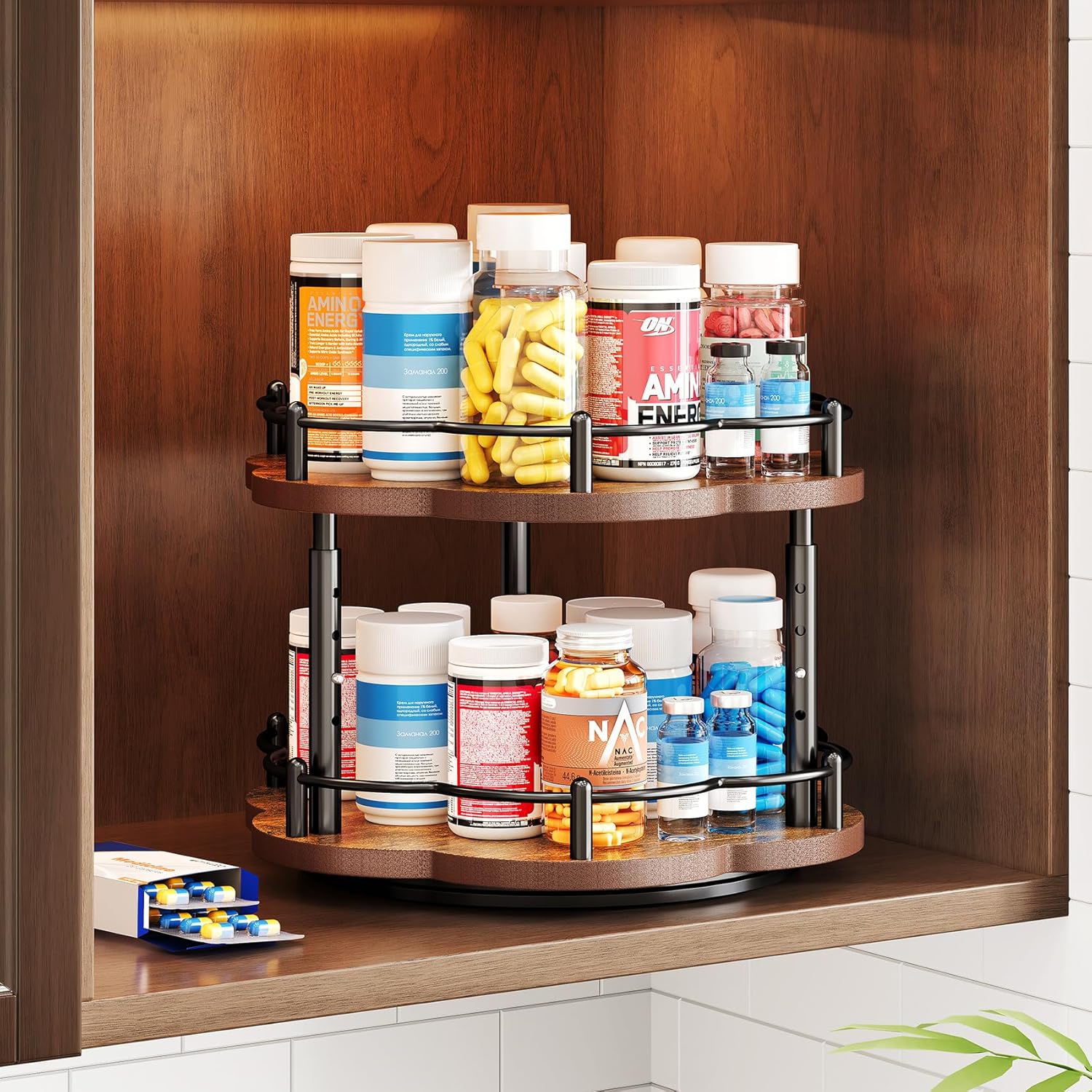 Spice Rack Lazy Susan Organizer for Cabinet, Rotating Spice Organization 2 Tier Adjustable Lazy Susan Turntable Spice Cabinet Organizer for Kitchen Countertop & Pantry, Wood 10 Inch Seasoning Storage