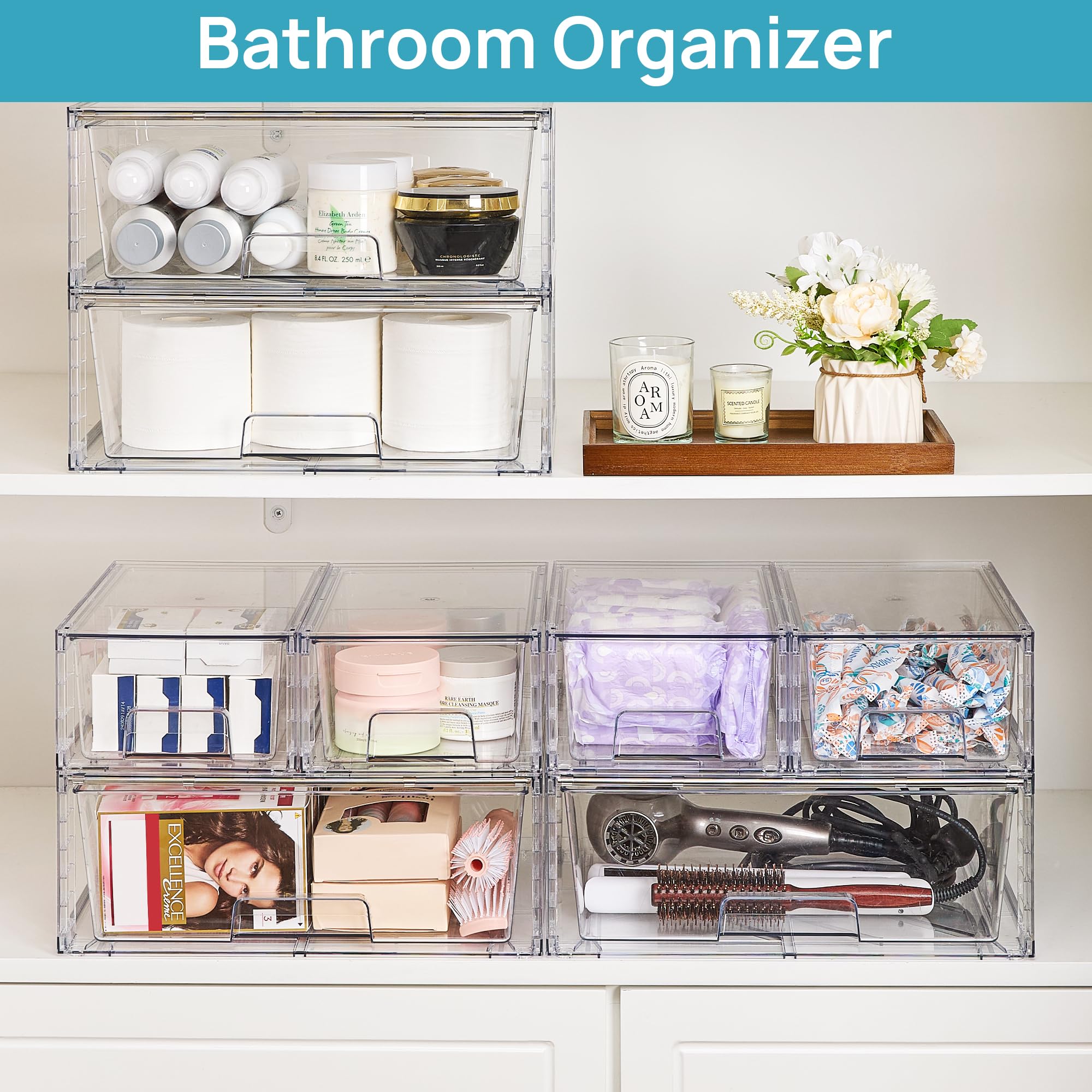 Vtopmart 3 Pack Stackable Storage Drawers, Easily Assemble Acrylic Bathroom Undersink Organizers,Clear Plastic Storage Bins for Closet,Cabinet,Pantry,Medicine Organization