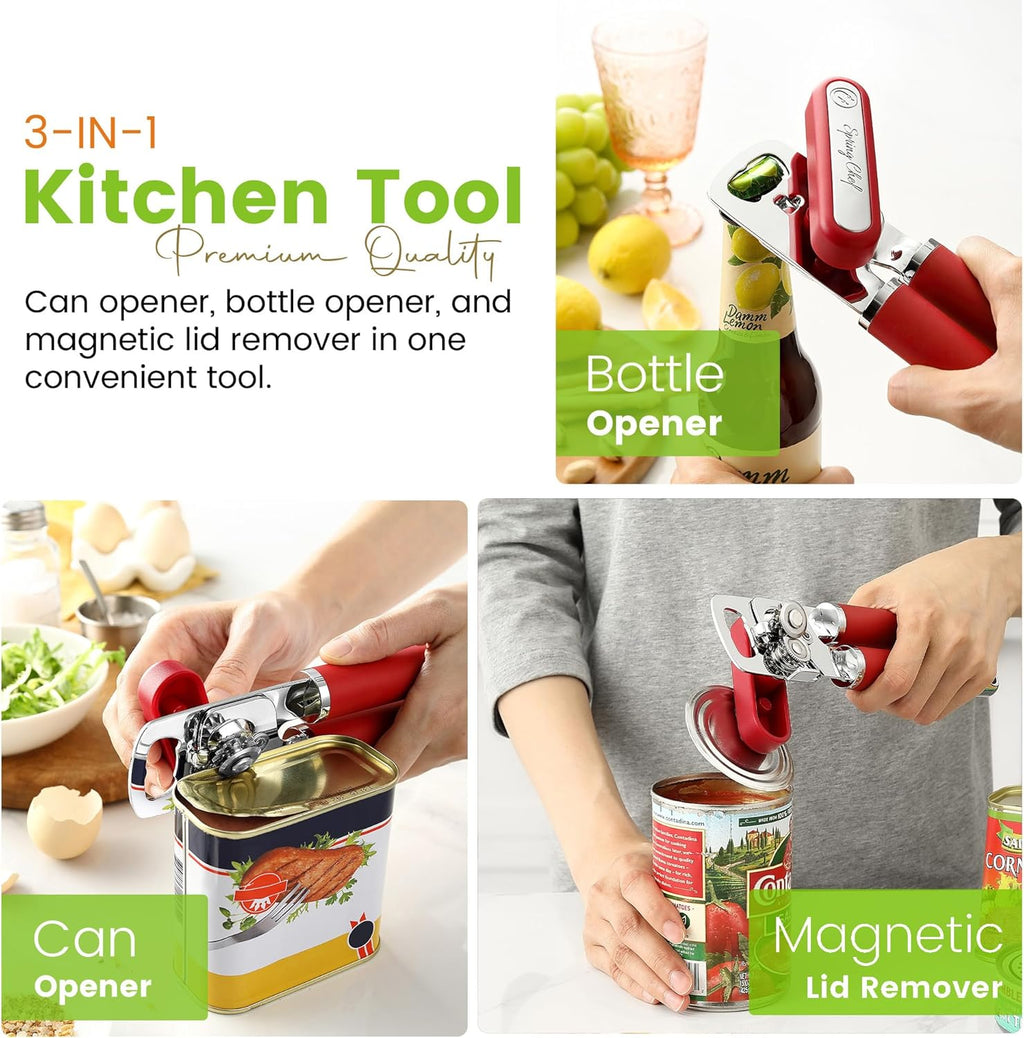 Spring Chef Stainless Steel Can Opener with Built-in Magnetic Lid Remover & Premium Lemon Zester with Blade Cover, Fine Shred - 2 Product Bundle - Red