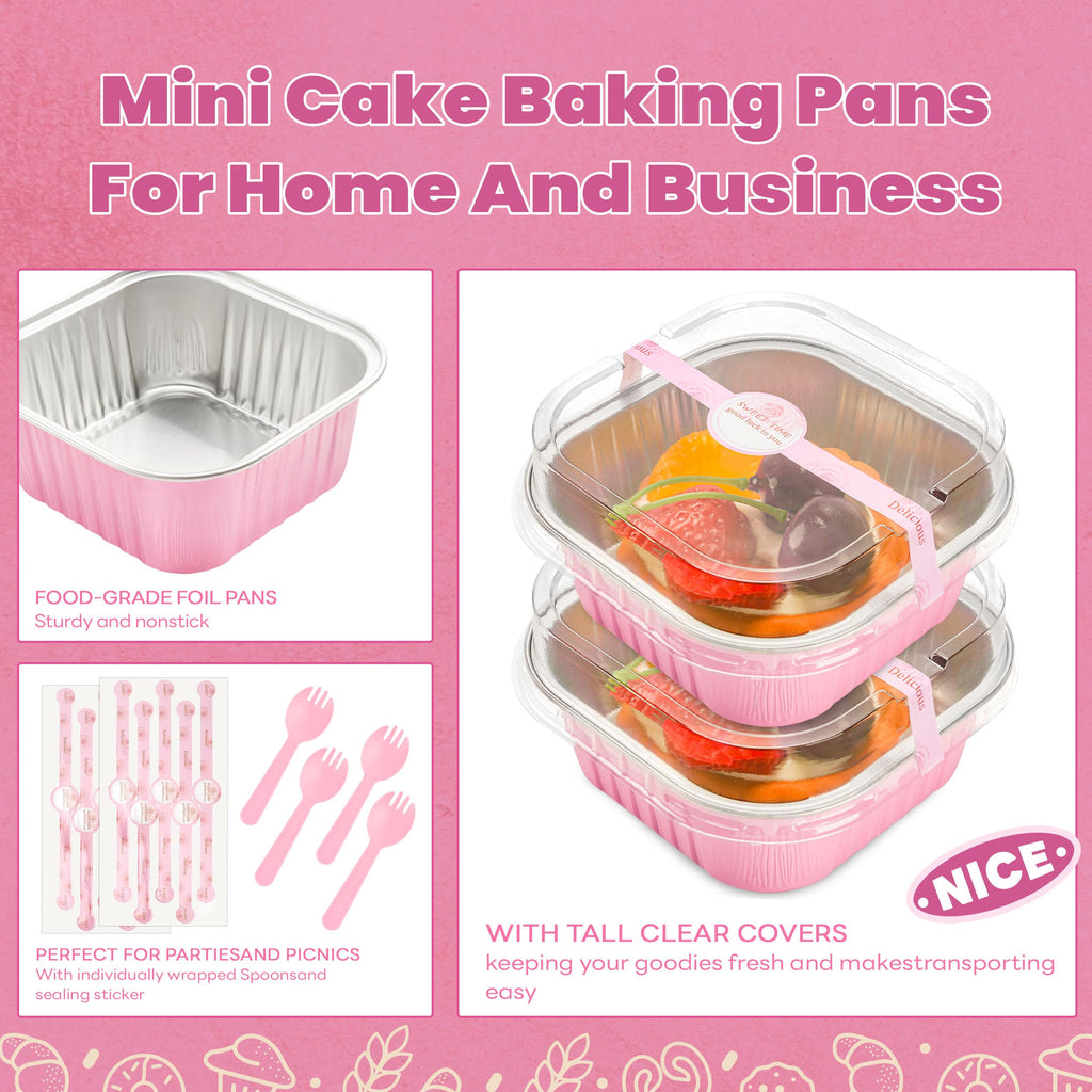 50 Pcs Mini Cake Pans with Lids and Spoons Aluminum Foil Mini Square Baking Cups with Lids Disposable Ramekins Cake Pans Dessert Cups for Wedding Birthday Party(Pink,5oz)