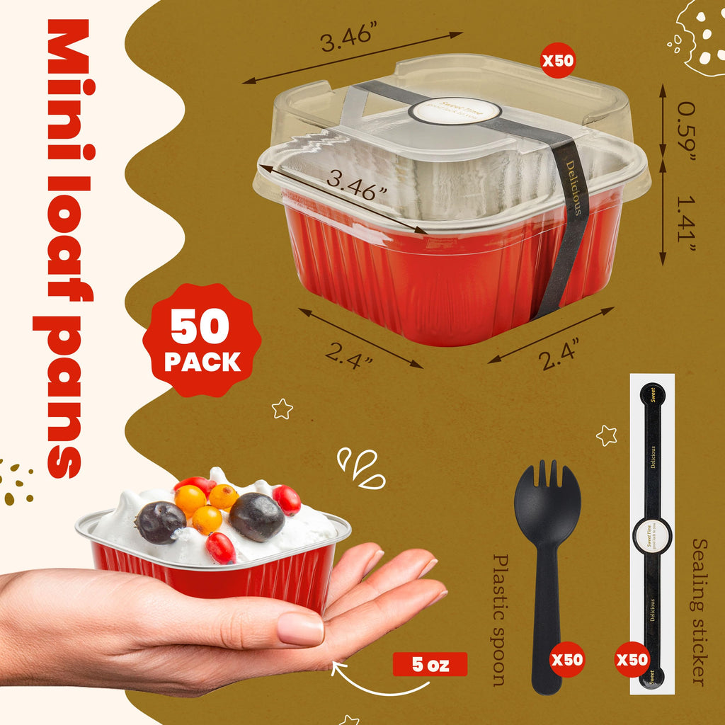 50 Pcs Mini Cake Pans with Lids and Spoons Aluminum Foil Mini Square Baking Cups with Lids Disposable Ramekins Cake Pans Dessert Cups for Wedding Birthday Party(Pink,5oz)