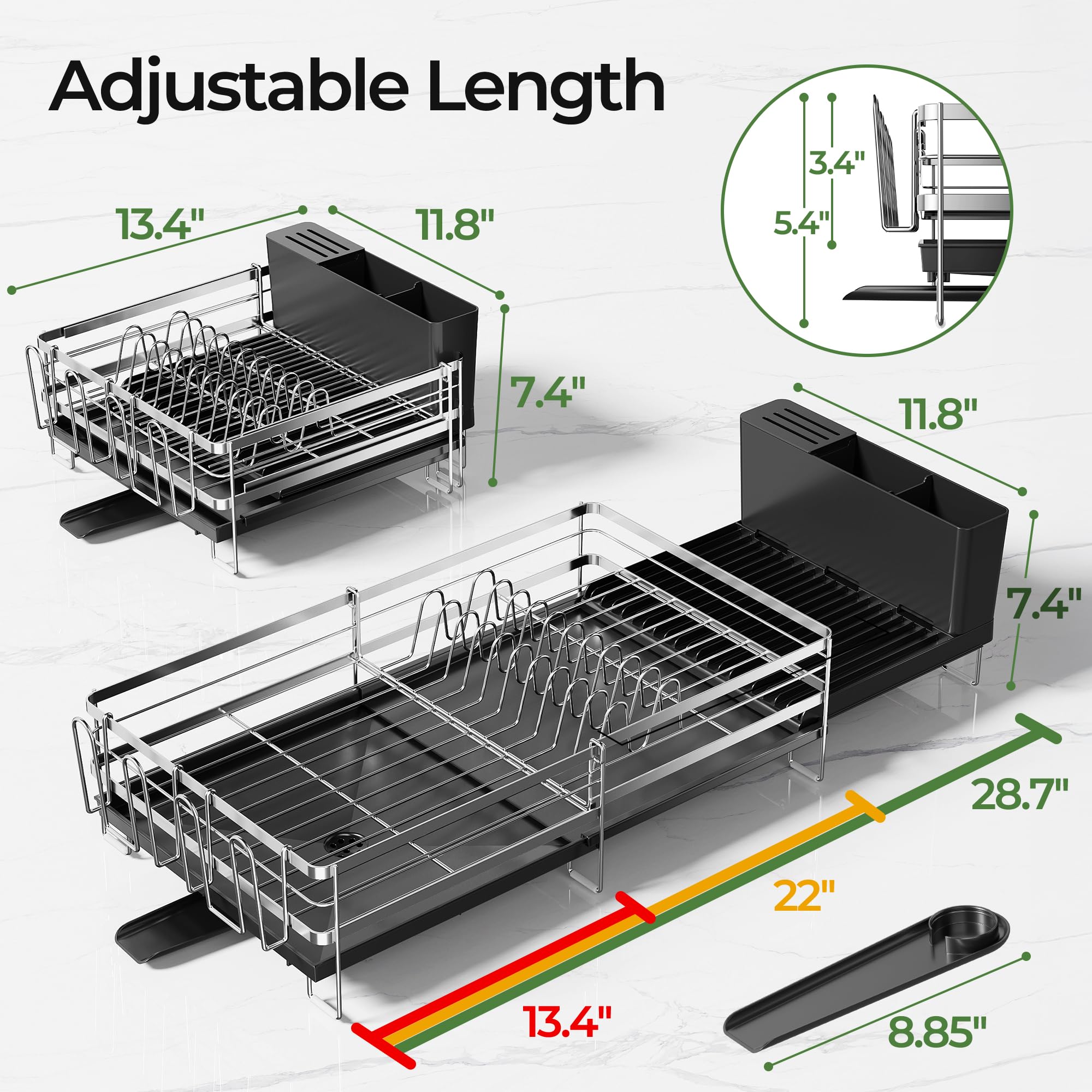 Large Dish Drying Rack, Expandable Dish Rack, Stainless Steel Anti-Rust Dish Racks for Kitchen Counter, Multifunctional Dish Drainer with Utensil Holder & Cup Holder, 13.4"-28.7" L x 11.8" W