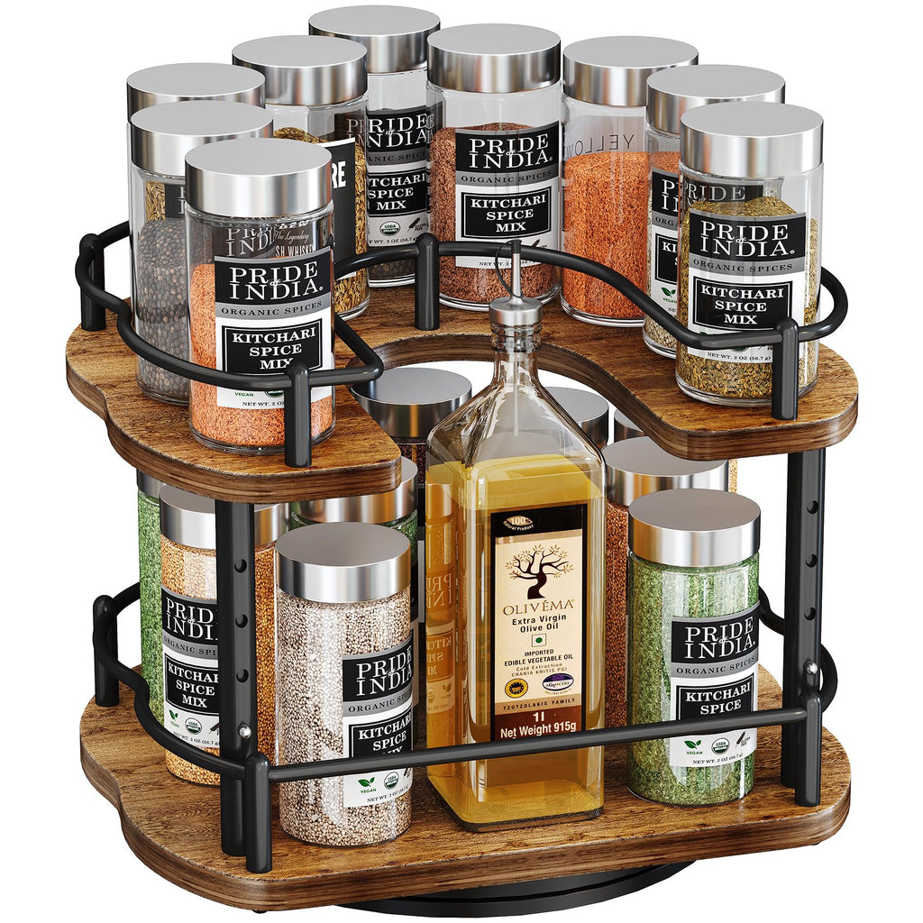 Lazy Susan Organizer Spice Rack - Spice Organization for Cabinet Height Adjustable Rotating Lazy Turntable, Pantry Kitchen Wood Revolving Seasoning Organizer (12 Inch)