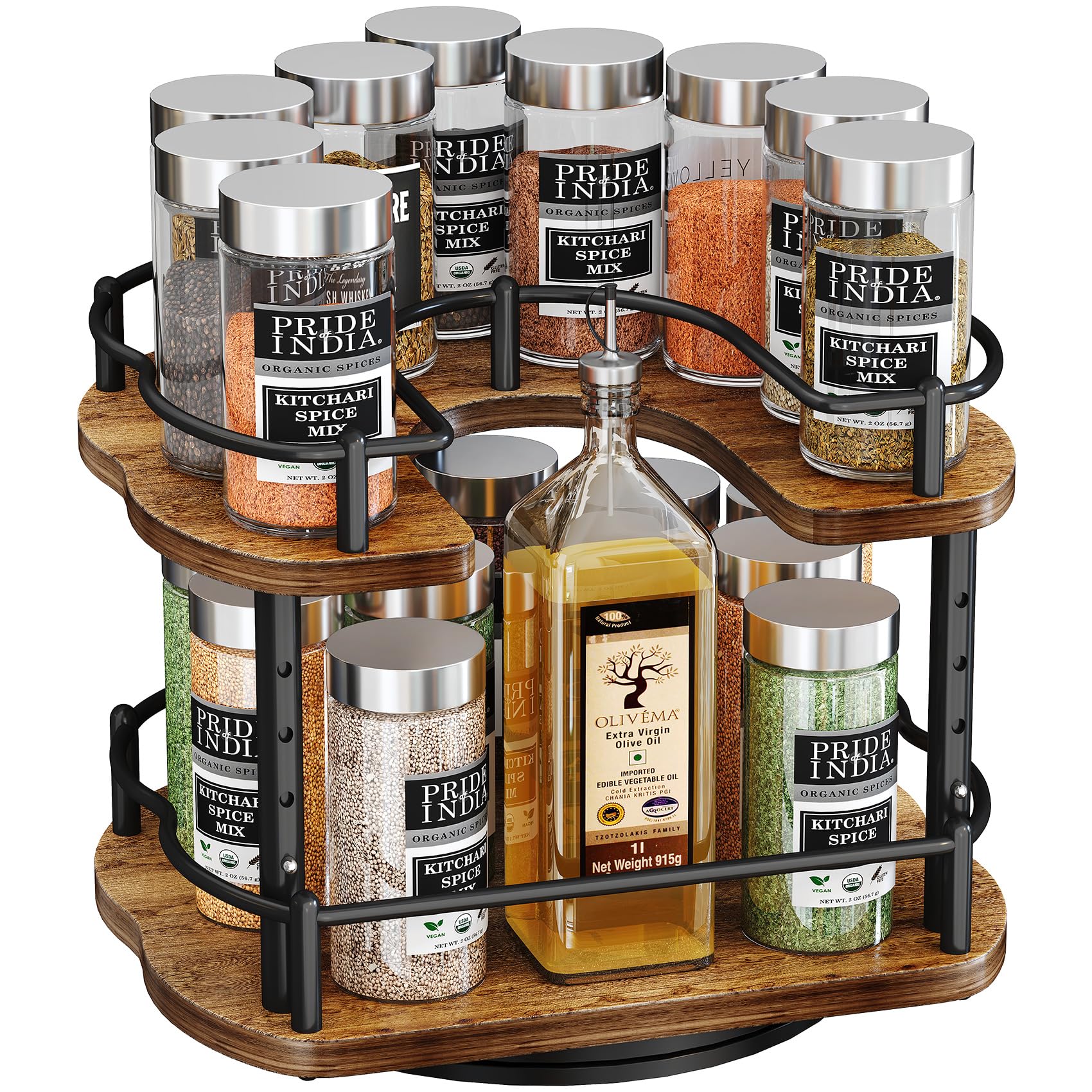 Lazy Susan Organizer Spice Rack - Spice Organization for Cabinet Height Adjustable Rotating Lazy Turntable, Pantry Kitchen Wood Revolving Seasoning Organizer (12 Inch)