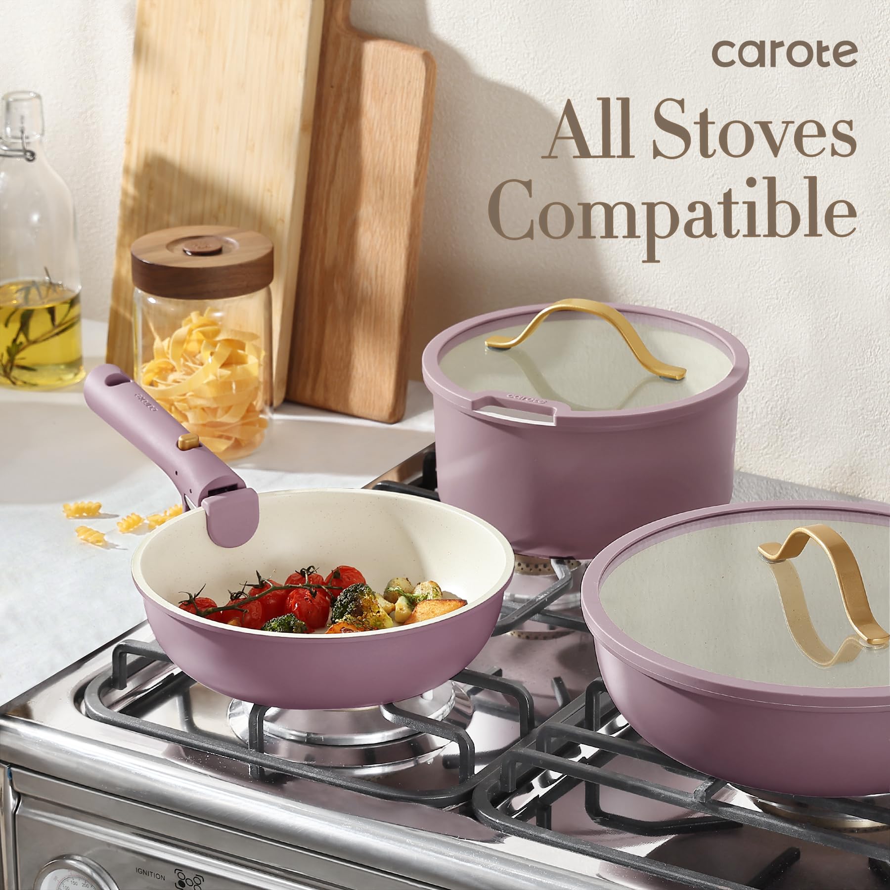 CAROTE Ceramic Pots and Pans Set Non Stick, Nonstick Kitchen Cookware Sets with Lid, Detachable Handle Sauté Pan Set, Non Toxic Frying Pan, Oven Safe, Induction Ready, Cream White