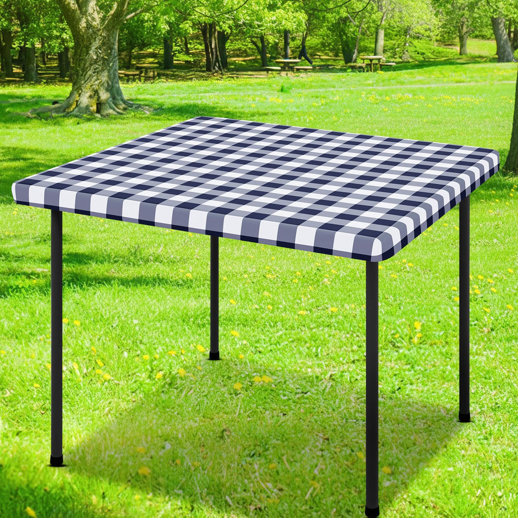 Smiry Rectangle Picnic Table Cloth, Elastic Waterproof Fitted Vinyl Tablecloths, Flannel Backed Buffalo Plaid Table Covers for Dining, Camping, Outdoor (Black and White, 30" x 72")