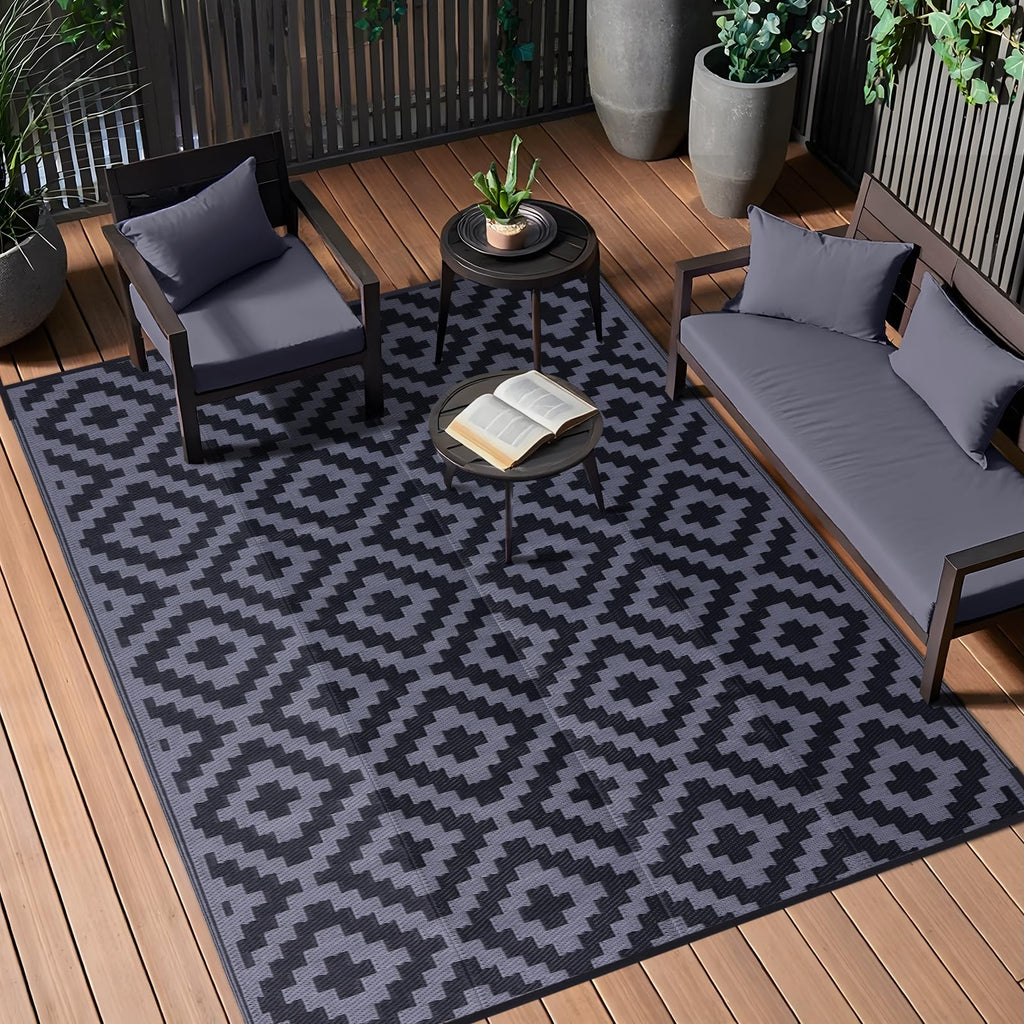 OLANLY Waterproof Outdoor Rug 5x8 ft, Outdoor Plastic Straw Rug for Camping, RV Mat Outside, Indoor Outdoor Carpet for Porch, Deck, Backyard, Balcony, Picnic, Black & White