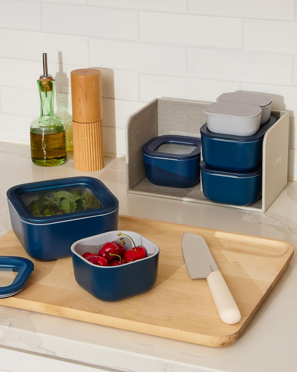 Caraway 13pc Glass Food Storage Container Set - Easy to Store, Non Toxic Lunch Box - with Glass Lids - Includes Storage Organizer - Cream