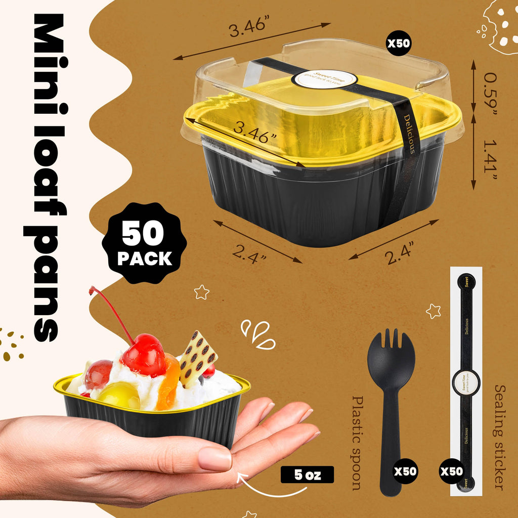 50 Pcs Mini Cake Pans with Lids and Spoons Aluminum Foil Mini Square Baking Cups with Lids Disposable Ramekins Cake Pans Dessert Cups for Wedding Birthday Party(Pink,5oz)