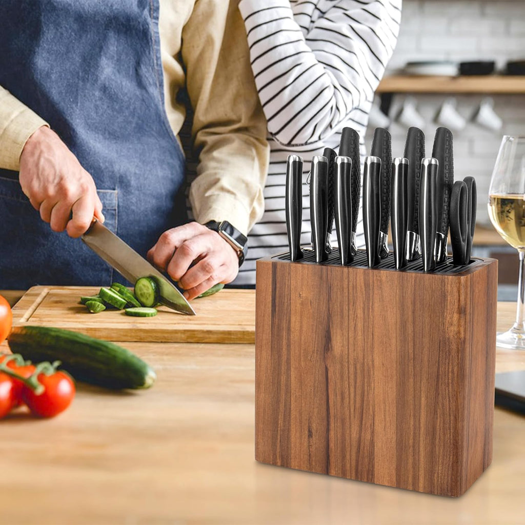 RedCall Acacia Wood Knife Holder Block,Large Universal Knife Block without knives,Wooden Kitchen Knife Block for Countertop,Knife Holder Organizer with Slots for Scissors and Sharpening Rods Storage