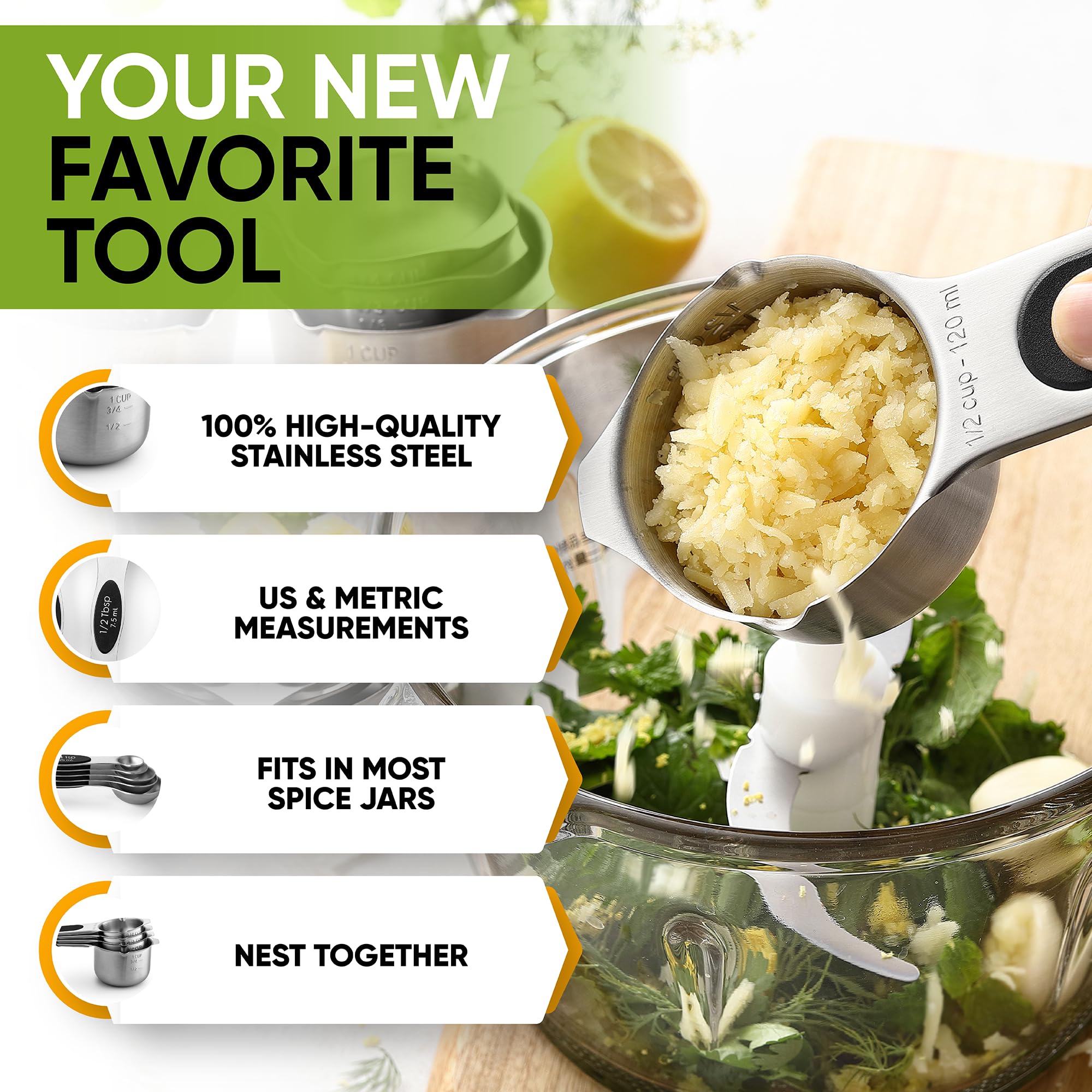 Spring Chef Magnetic Measuring Cups & Spoons Set, Patented, Strong N45 Magnets, Heavy Duty Stainless Steel Fits in Spice Jars for Baking & Cooking, BPA Free, Round Set of 15 with Leveler, Black