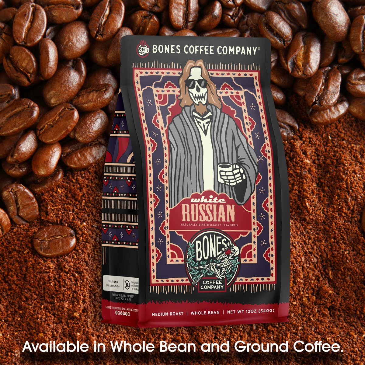 Bones Coffee Company Salted Caramel Flavored Coffee, Medium Roast Low Acid Arabica Beans Compatible with Auto drip and French Press Coffee Maker, 12 Oz Whole Bean