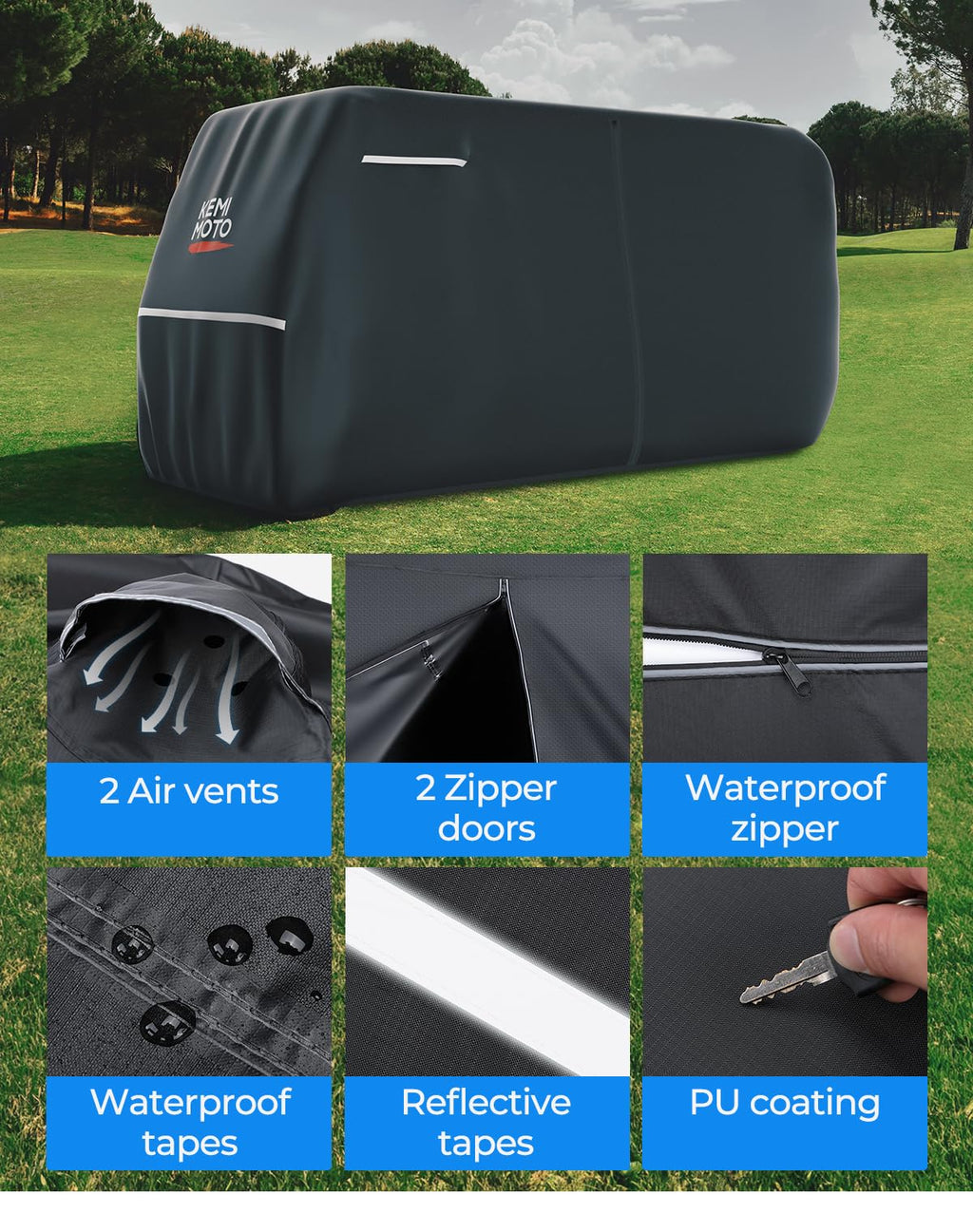 KEMIMOTO 600D Waterproof Golf Cart Cover, Universal Heavy Duty Large 6-Seater Golf Cart Rain Cover with Storage Bag Compatible with EZGO Club Car 6/4+2 Passenger, Black