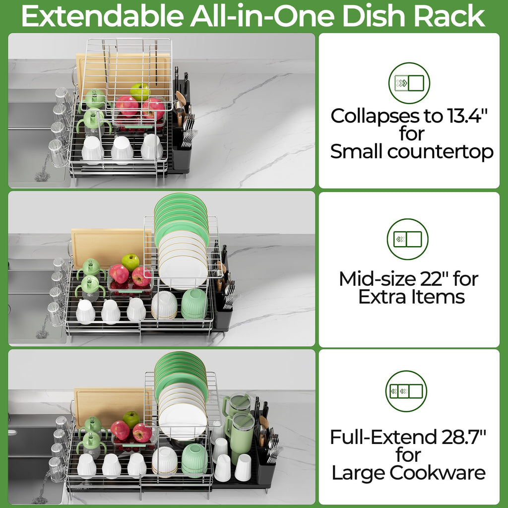 Large Dish Drying Rack, Expandable Dish Rack, Stainless Steel Anti-Rust Dish Racks for Kitchen Counter, Multifunctional Dish Drainer with Utensil Holder & Cup Holder, 13.4"-28.7" L x 11.8" W