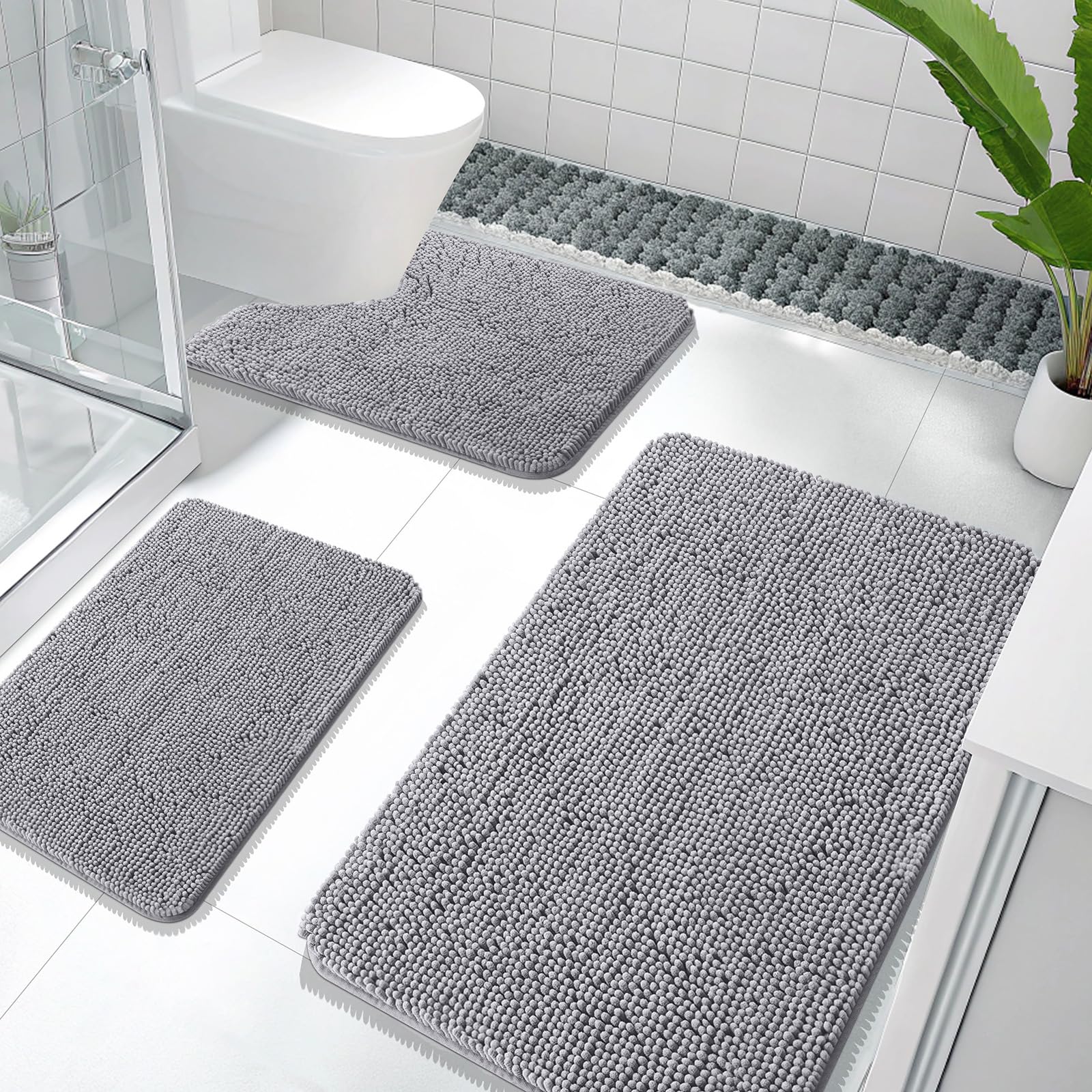 OLANLY Bathroom Rugs Sets 3 Piece, Soft Absorbent Chenille Bath Mats and U-Shaped Contour Toilet Rug, Quick Dry, Home Decor Accessories, Bath Mat Set for Bathroom (30"x20"+24"x16"+24"x20", Grey)