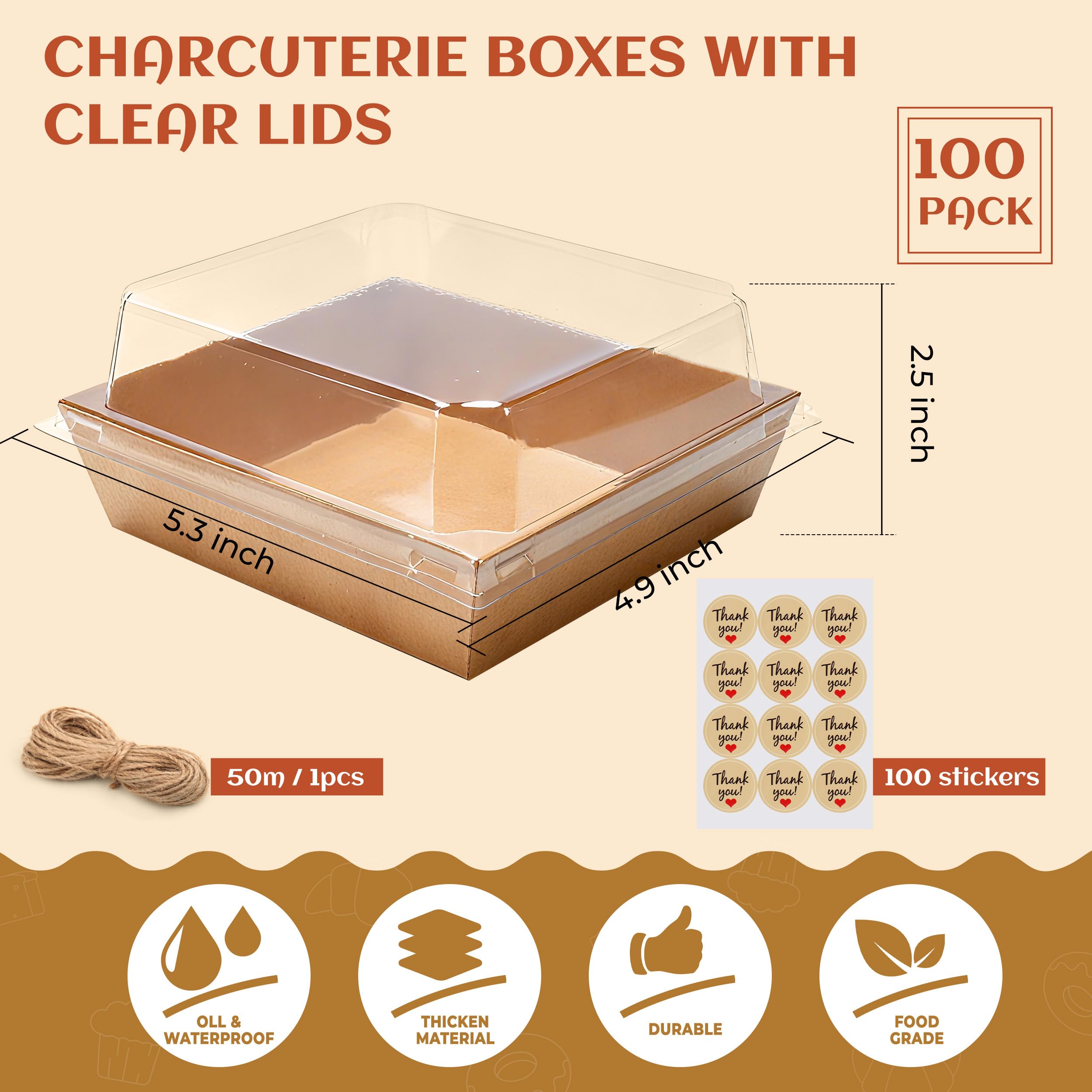 Disposable Charcuterie Boxes with Clear Lid, Food Boxes for Cold&Room Temperature Foods,Grease-Resistant Bakery Packaging for Pastry & Takeout Use 5.3x4.9x2.5INCH(50 Pack,Brown)