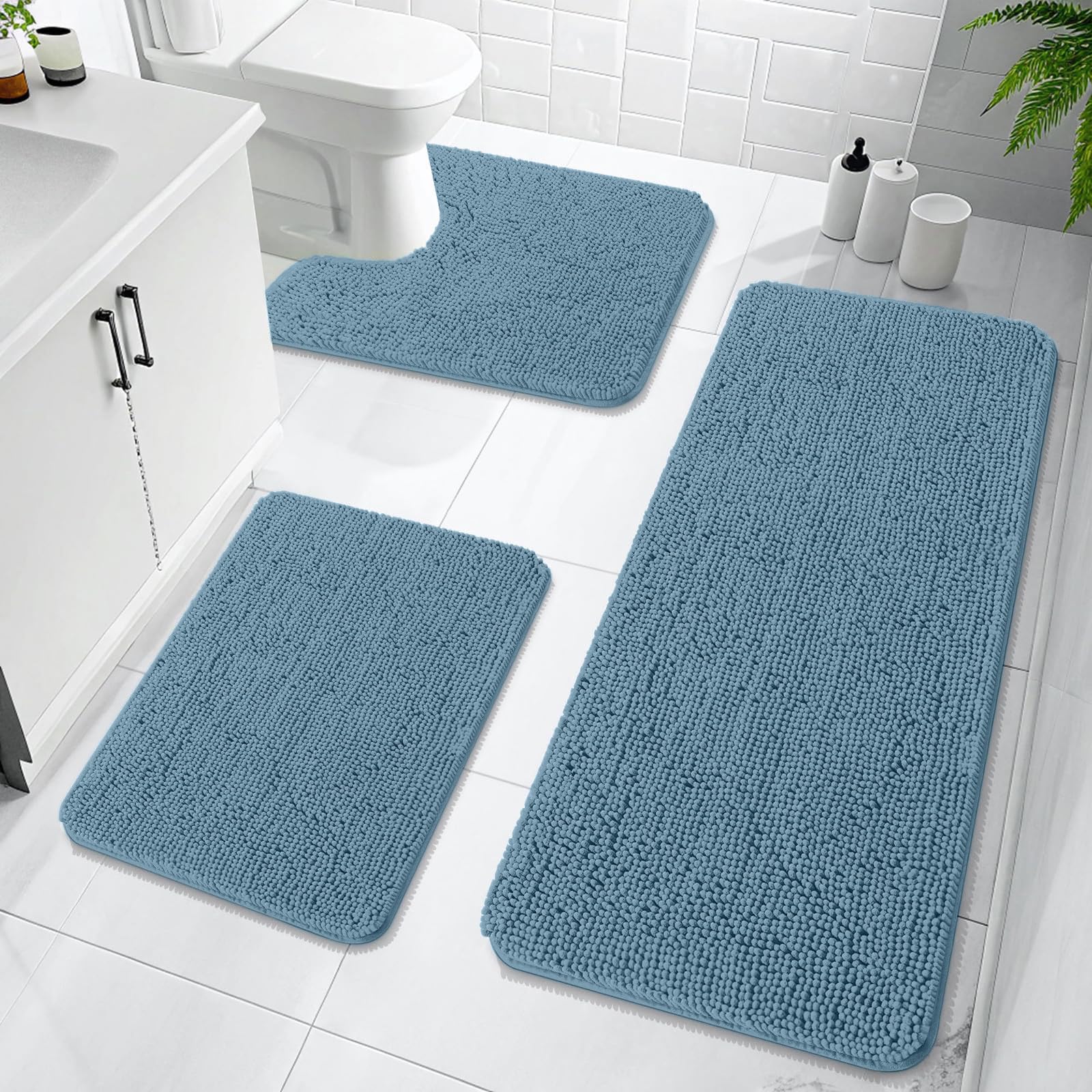 OLANLY Bathroom Rugs Sets 3 Piece, Soft Absorbent Chenille Bath Mats and U-Shaped Contour Toilet Rug, Quick Dry, Home Decor Accessories, Bath Mat Set for Bathroom (30"x20"+24"x16"+24"x20", Grey)