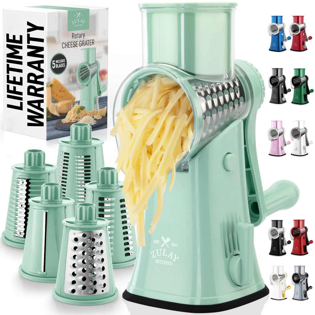 Zulay Kitchen Rotary Cheese Grater 5 Blade Cheese Shredder - Manual Hand Crank Cheese Grater With Reinforced Suction & 5 Interchangeable Drums - Easy to Use, Vegetable Chopper Round Mandoline Slicer