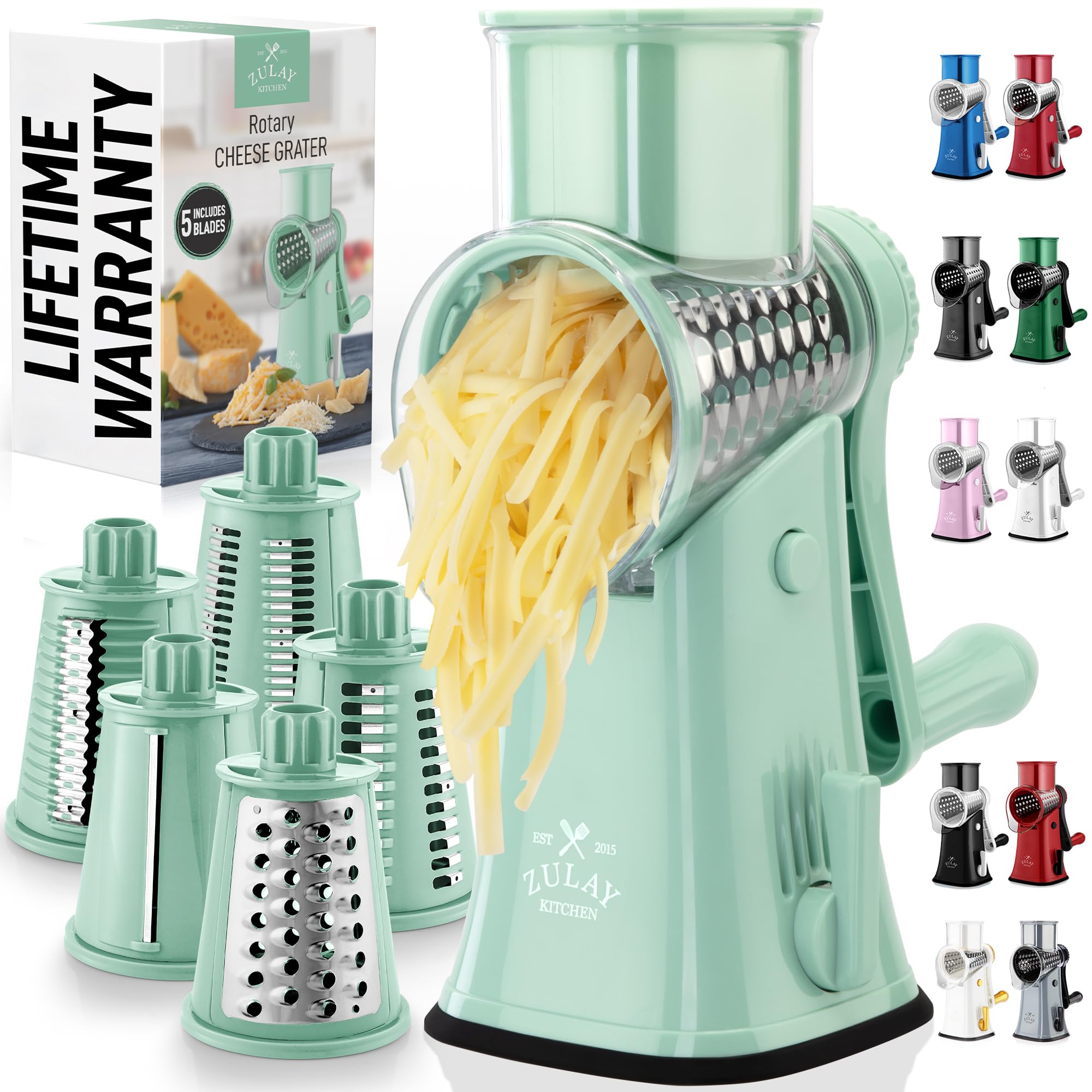 Zulay Kitchen Rotary Cheese Grater 5 Blade Cheese Shredder - Manual Hand Crank Cheese Grater With Reinforced Suction & 5 Interchangeable Drums - Easy to Use, Vegetable Chopper Round Mandoline Slicer