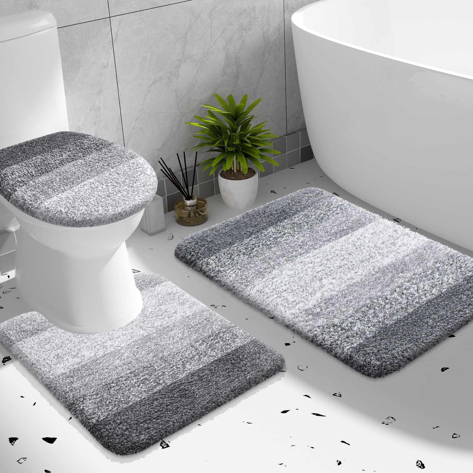 OLANLY Bathroom Rugs Sets 3 Piece, Soft Microfiber Absorbent Bath Mat, U-Shaped Contour Toilet Mat and Toilet Lid Cover, Quick Dry, Machine Washable, Toilet Cover and Rug Set for Bathroom, Grey