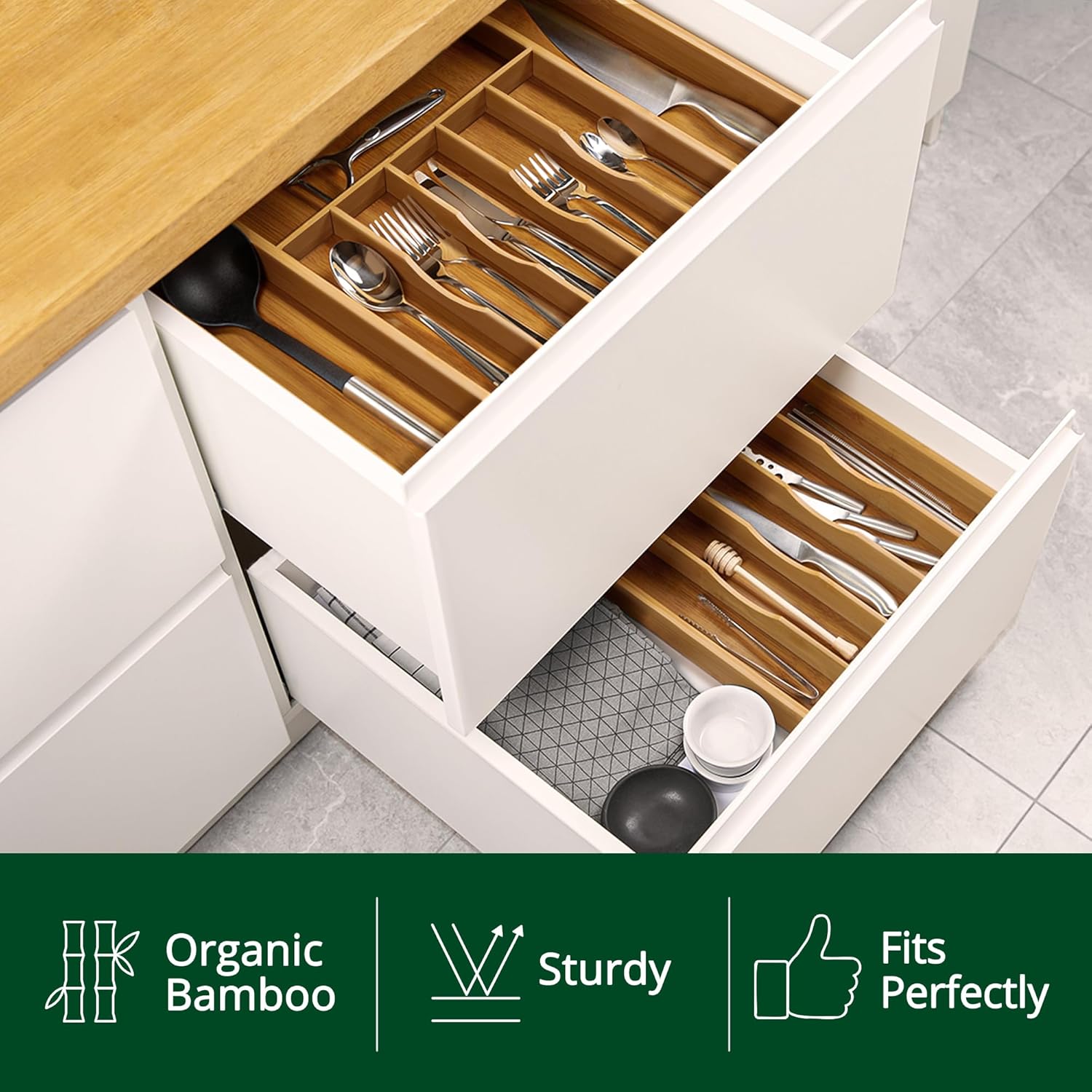 ROYAL CRAFT WOOD Luxury Bamboo Kitchen Drawer Organizer - Silverware Organizer - Utensil Holder and Cutlery Tray with Grooved Drawer Dividers for Flatware and Kitchen Utensils