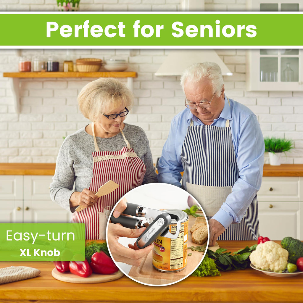 Spring Chef Stainless Steel Can Opener - Manual with Soft Grip Handles, Easy Turn, Heavy Duty Hand Can Openers for Seniors with Smooth Edge - Magnetic Lid Remover - Black