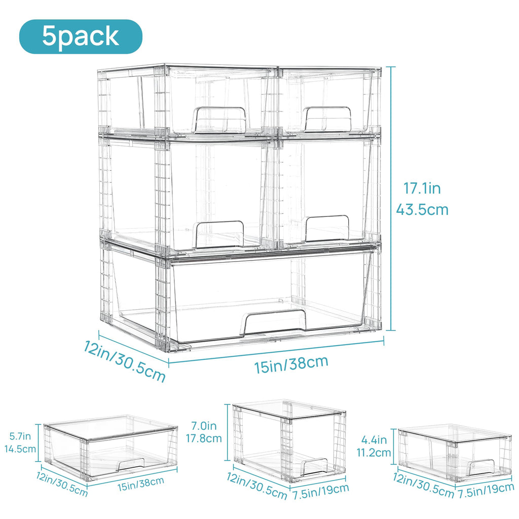 Vtopmart 3 Pack Stackable Storage Drawers, Easily Assemble Acrylic Bathroom Undersink Organizers,Clear Plastic Storage Bins for Closet,Cabinet,Pantry,Medicine Organization